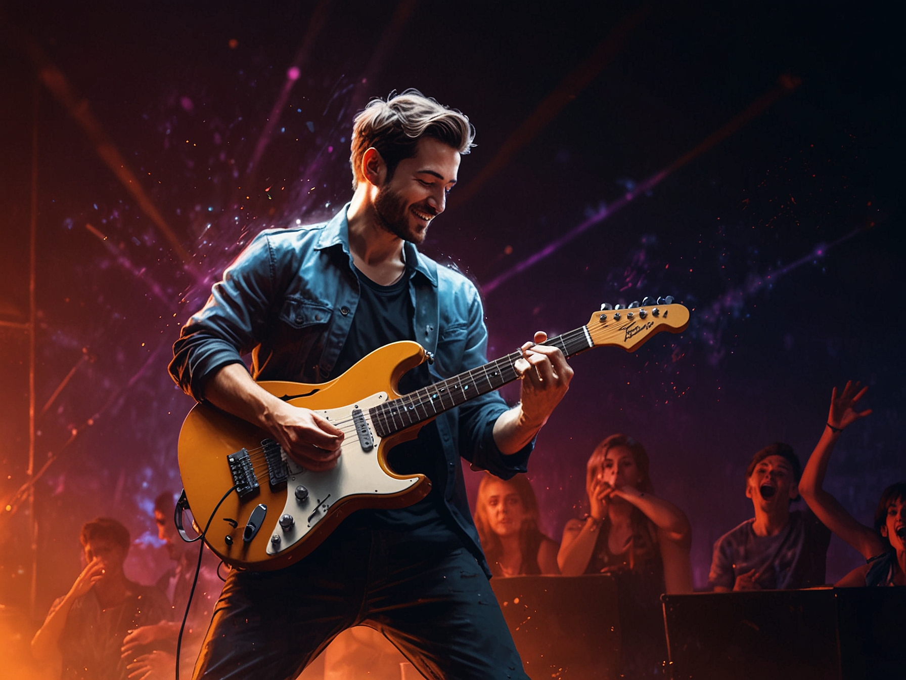 A musician passionately playing the guitar on a stage, surrounded by vibrant lights and an engaging audience, showcasing the emotional impact of music live performance.