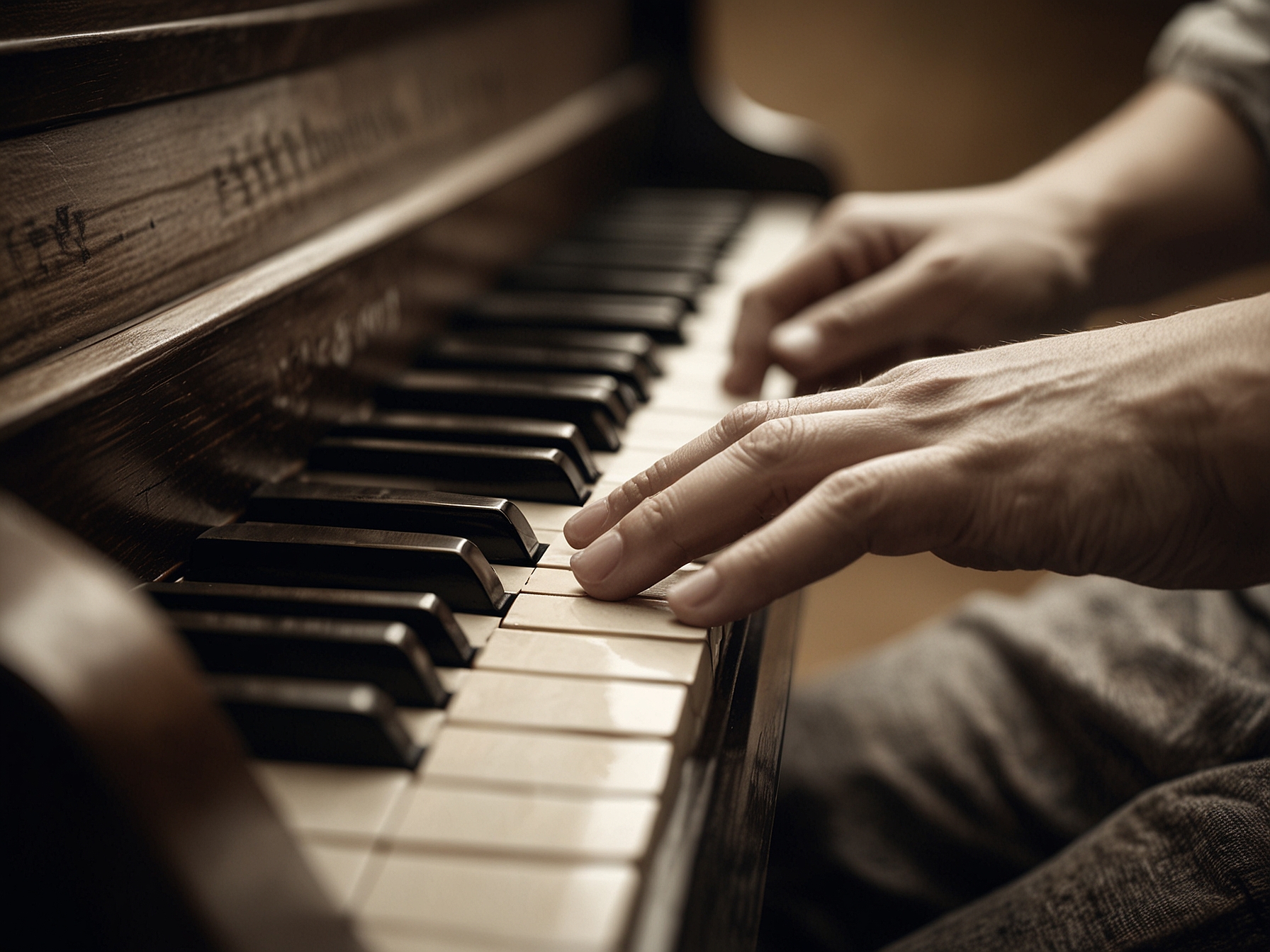 A close-up of a person playing piano, fingers elegantly moving over the keys, capturing the personal journey of self-discovery and creativity through music.