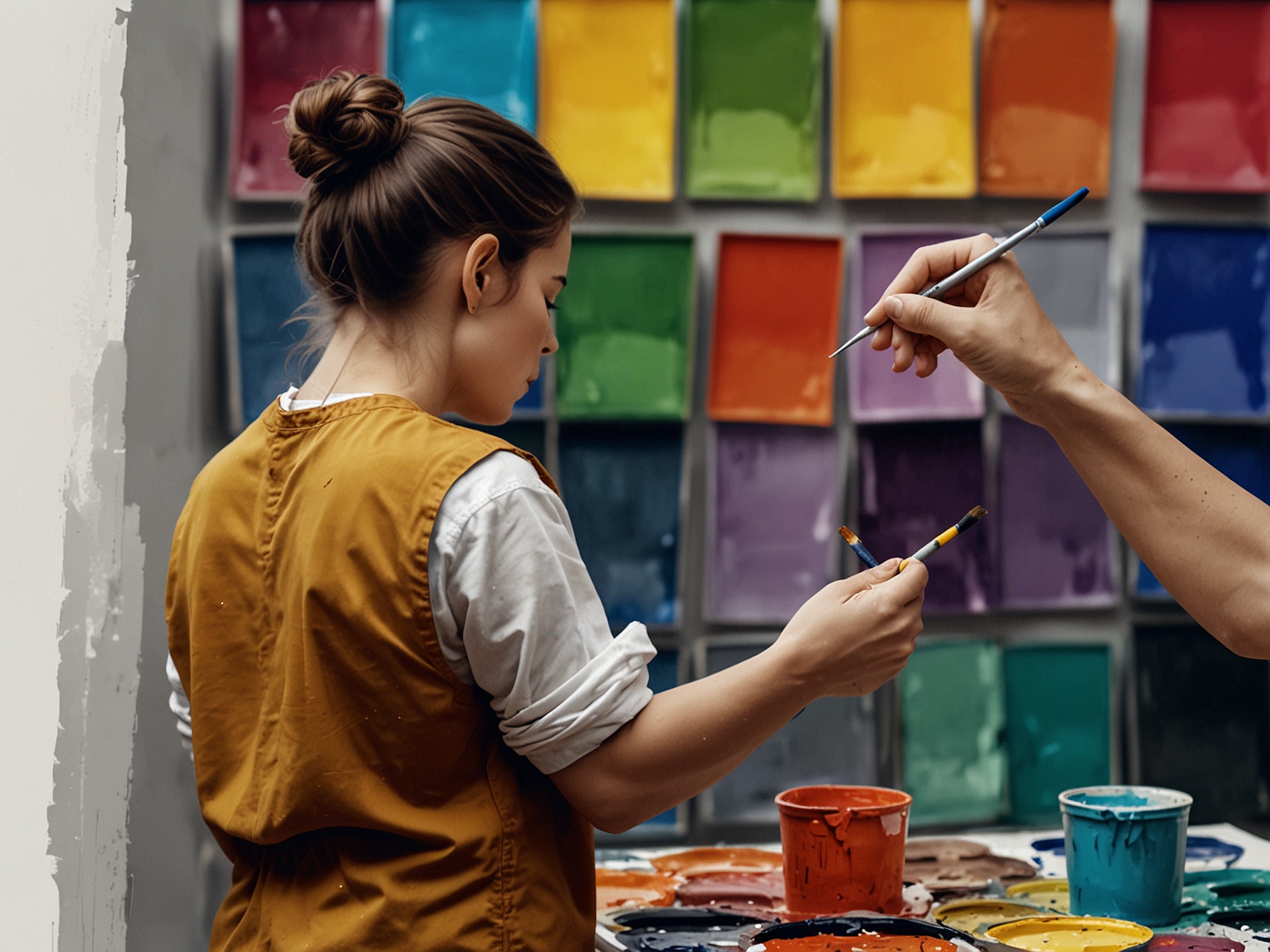 An artist passionately painting on a canvas, surrounded by colorful paints, illustrating the vibrant process of creative expression and emotional storytelling in art.