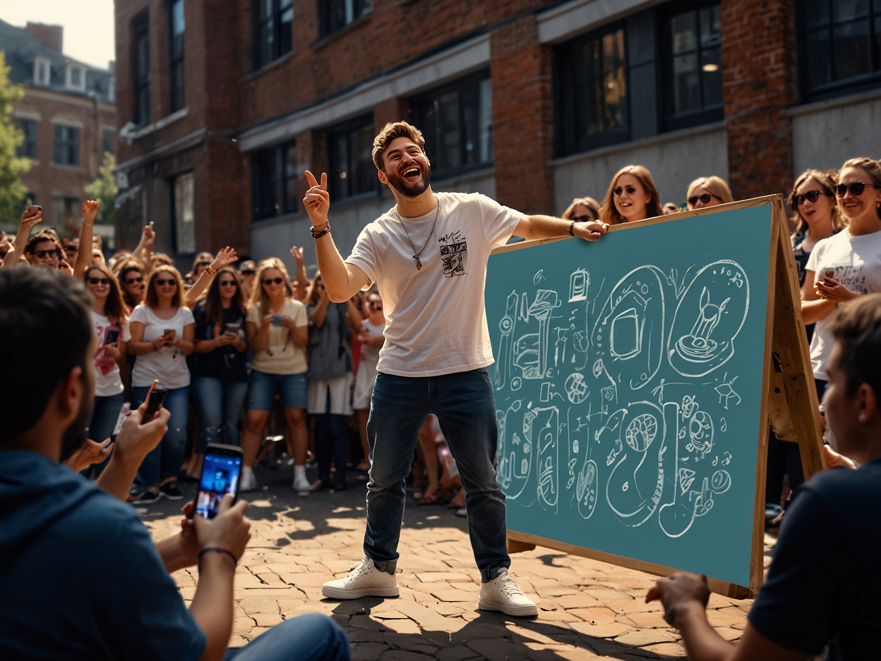 A lively street artist performing in front of an enthusiastic crowd, highlighting how modern artists connect with audiences through social media and vibrant public performances.