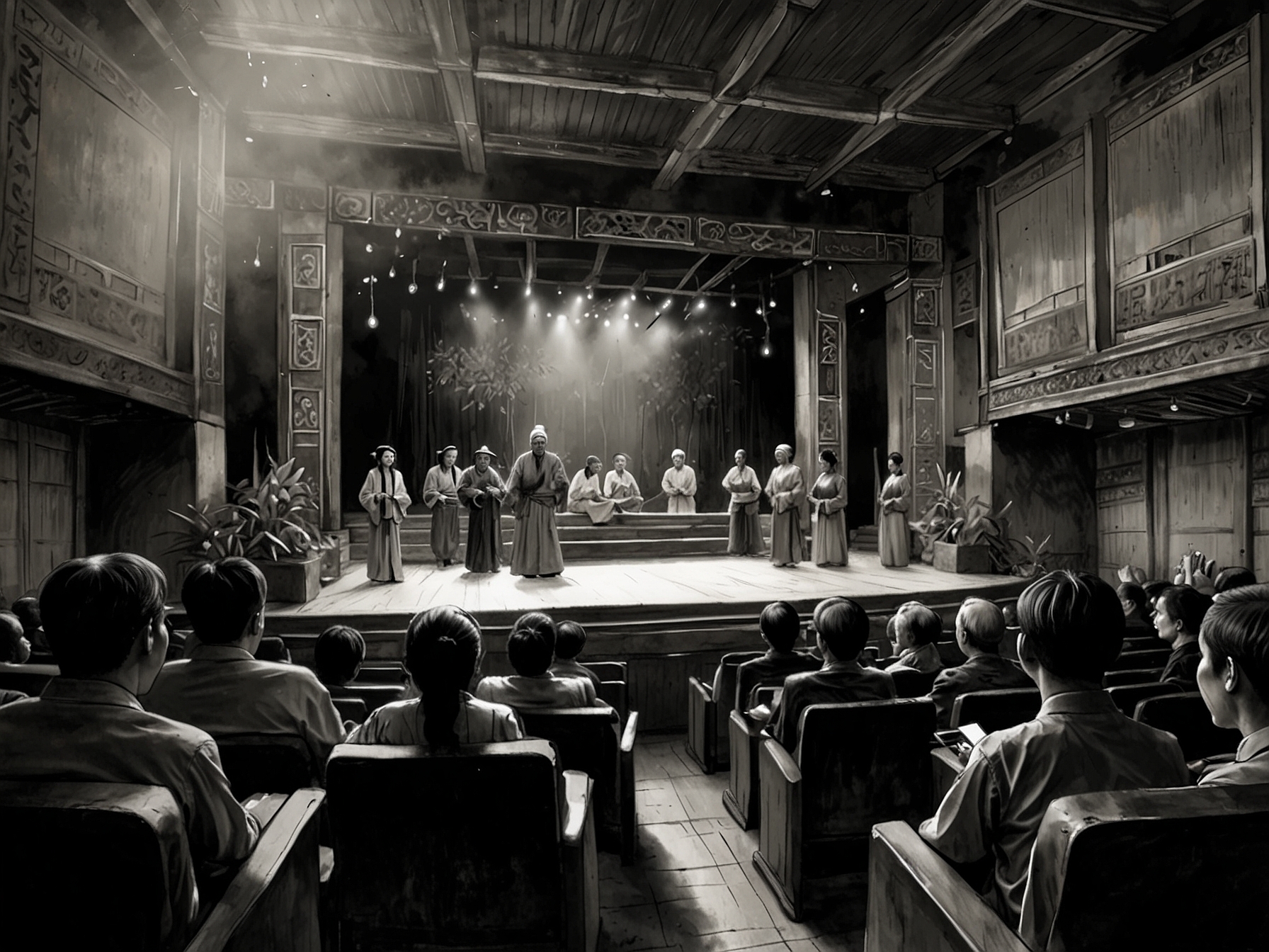 A serene view of a traditional Vietnamese theater performance, representing the rich cultural heritage and artistic diversity found in Vietnam's art scene.