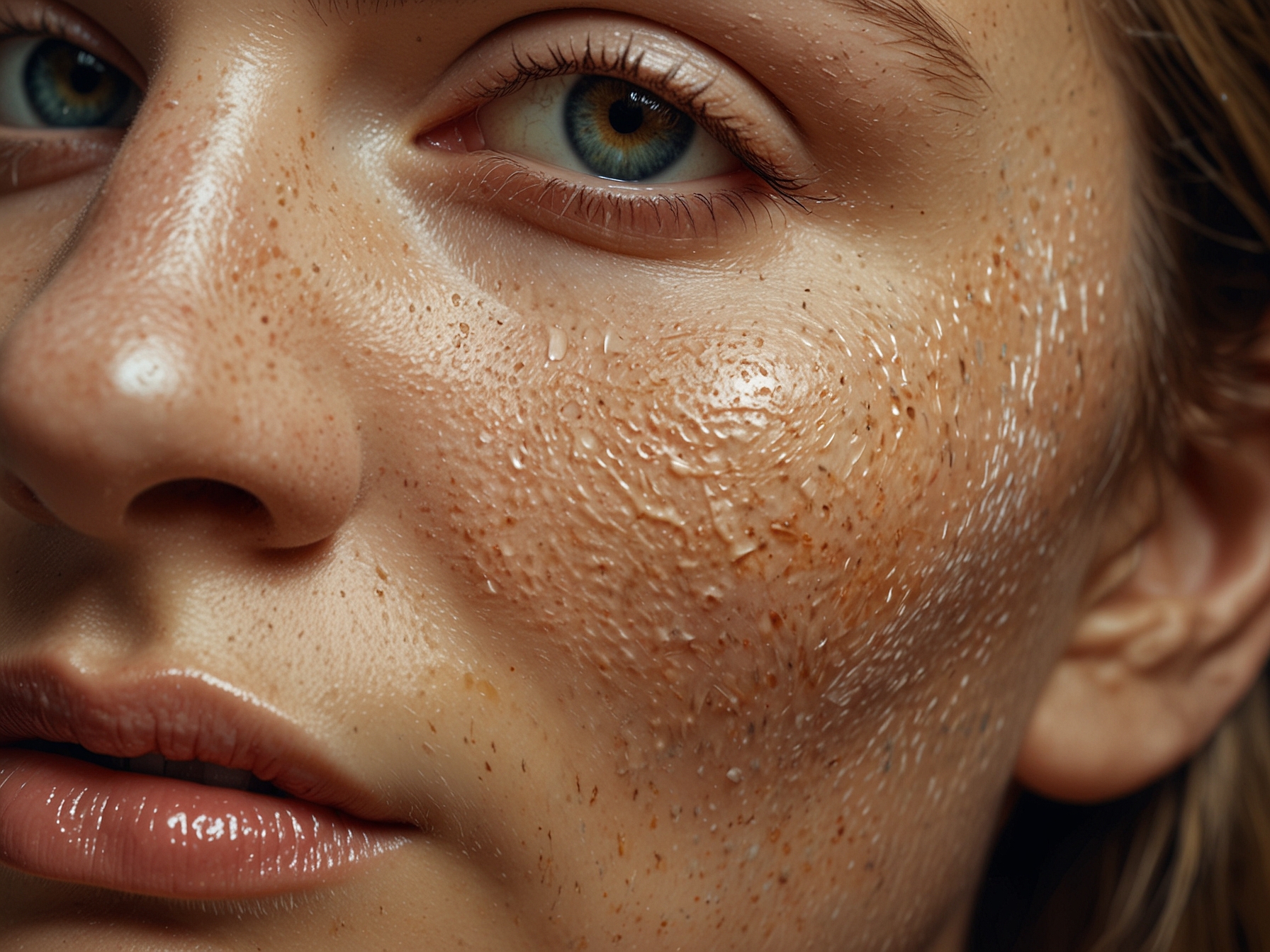 A close-up of a person's face, focused on the texture of their glowing skin, highlighting the effects of proper skincare and a natural routine.