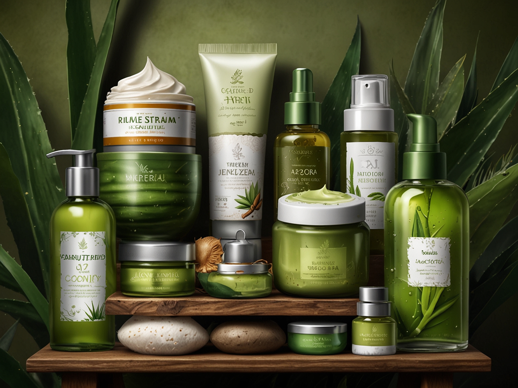 A beautifully arranged display of natural skincare products such as aloe vera, coconut oil, and green tea extract, symbolizing organic ingredients for healthy skin.