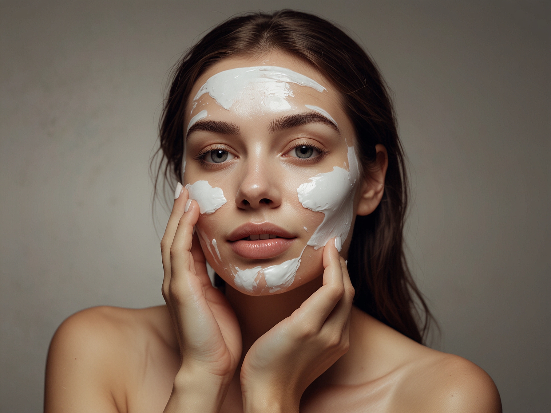 An artistic representation of a woman applying moisturizer to her face in a relaxing environment, demonstrating the soothing and creative process of facial care.