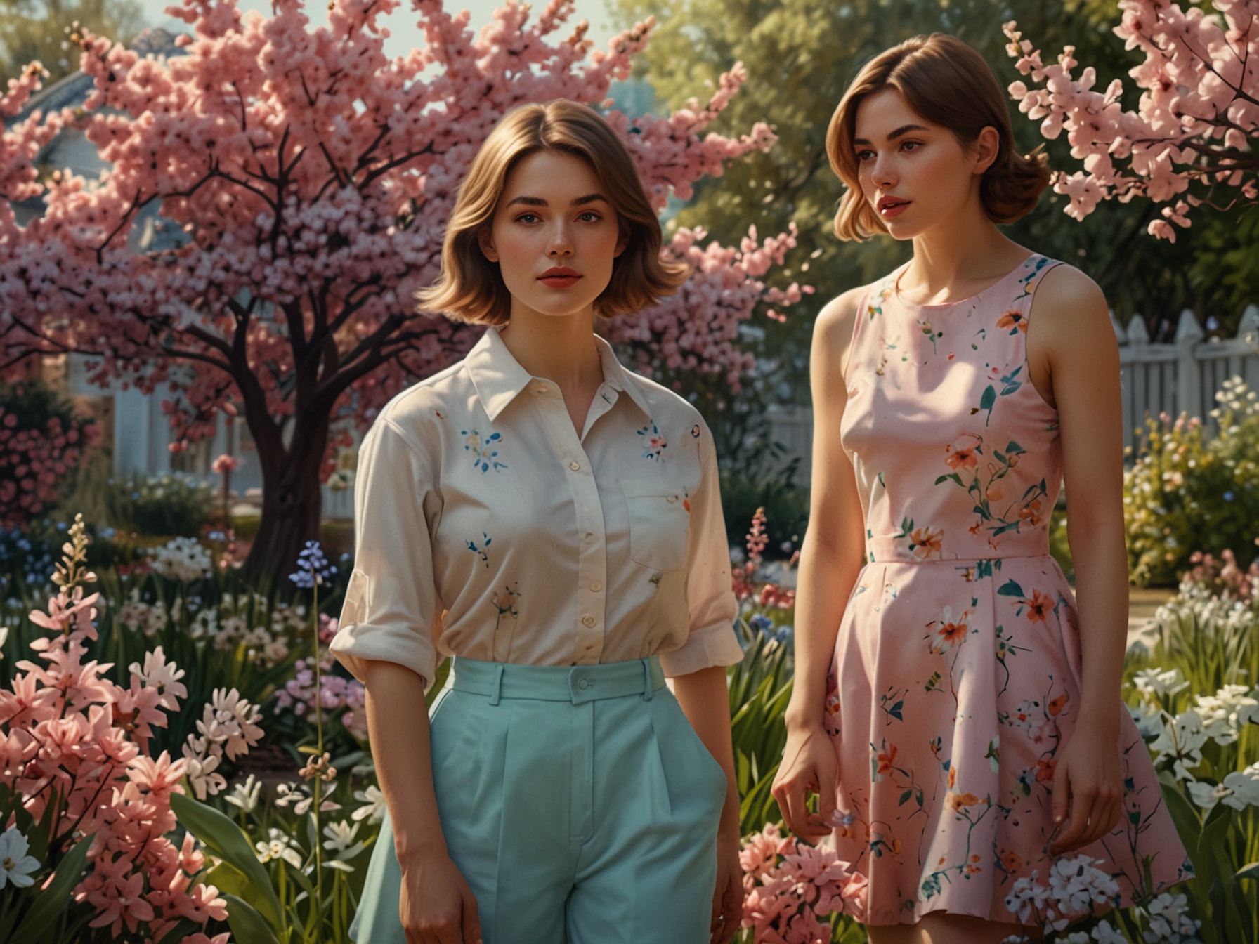 A beautiful spring scene featuring pastel-colored outfits against blooming flowers, showcasing the freshness and renewal of a new season.