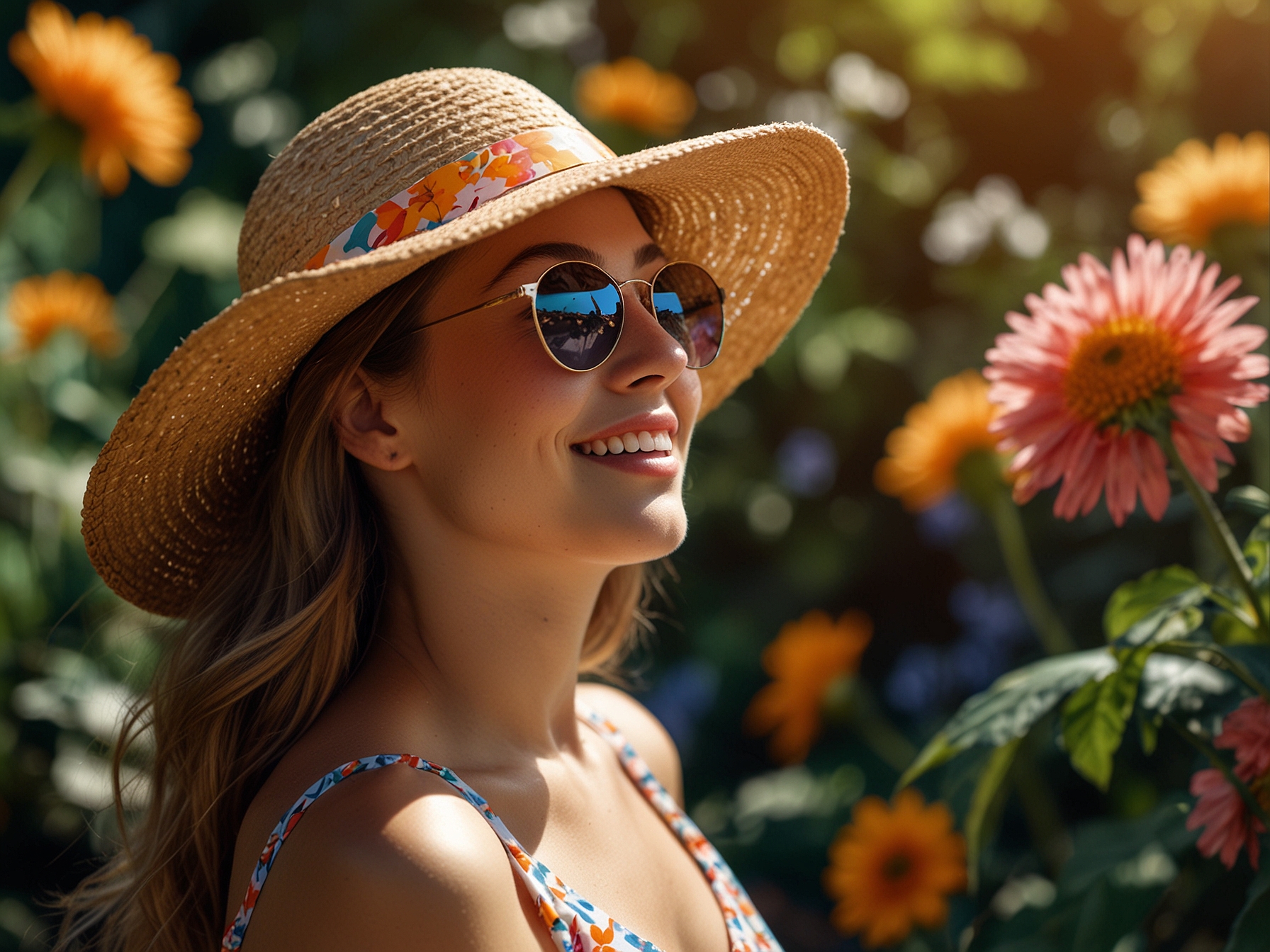 A radiant summer scene with a woman wearing bright floral attire, applying sunscreen in the sunlight, reflecting the joy and vitality of summer.