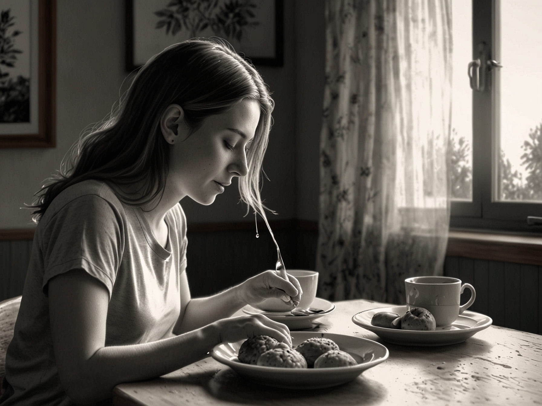 A peaceful moment of an individual savoring a delicious meal, emphasizing the importance of mindfulness and appreciation in the way we eat.