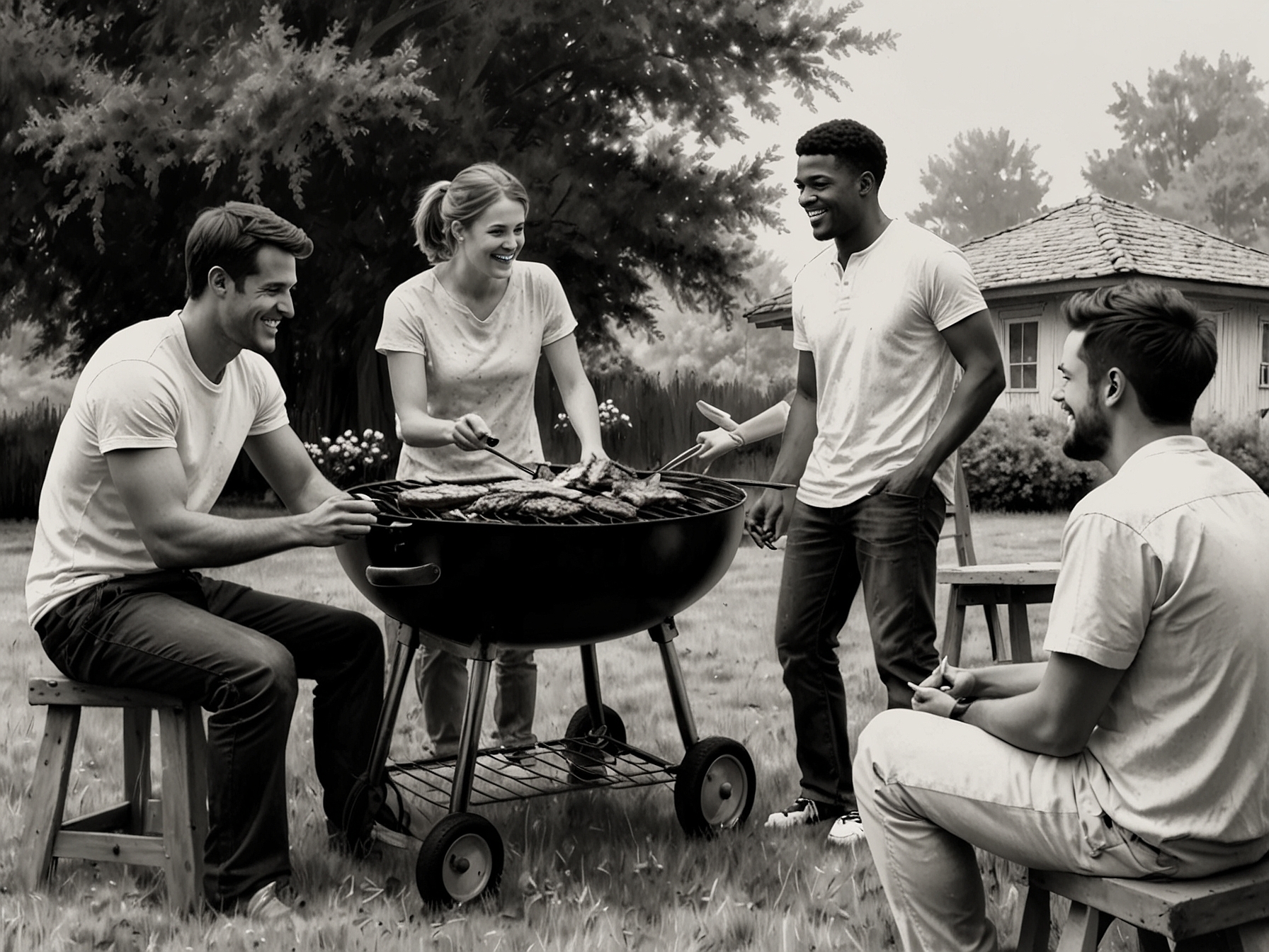 A group of friends enjoying a casual outdoor barbecue, celebrating moments of joy and connection, embodying the essence of life’s simple pleasures.