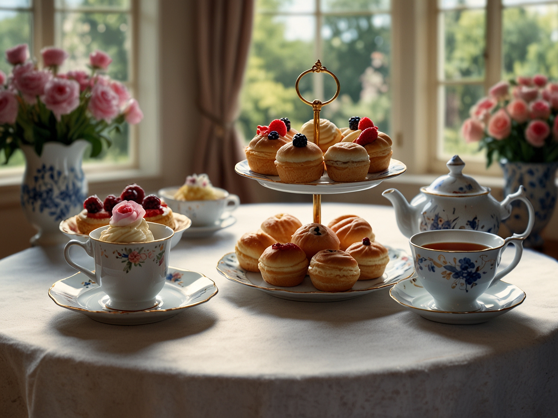 A beautifully set afternoon tea table with delicate china teacups, an assortment of pastries, and fresh flowers, invoking the elegance of a traditional tea gathering.