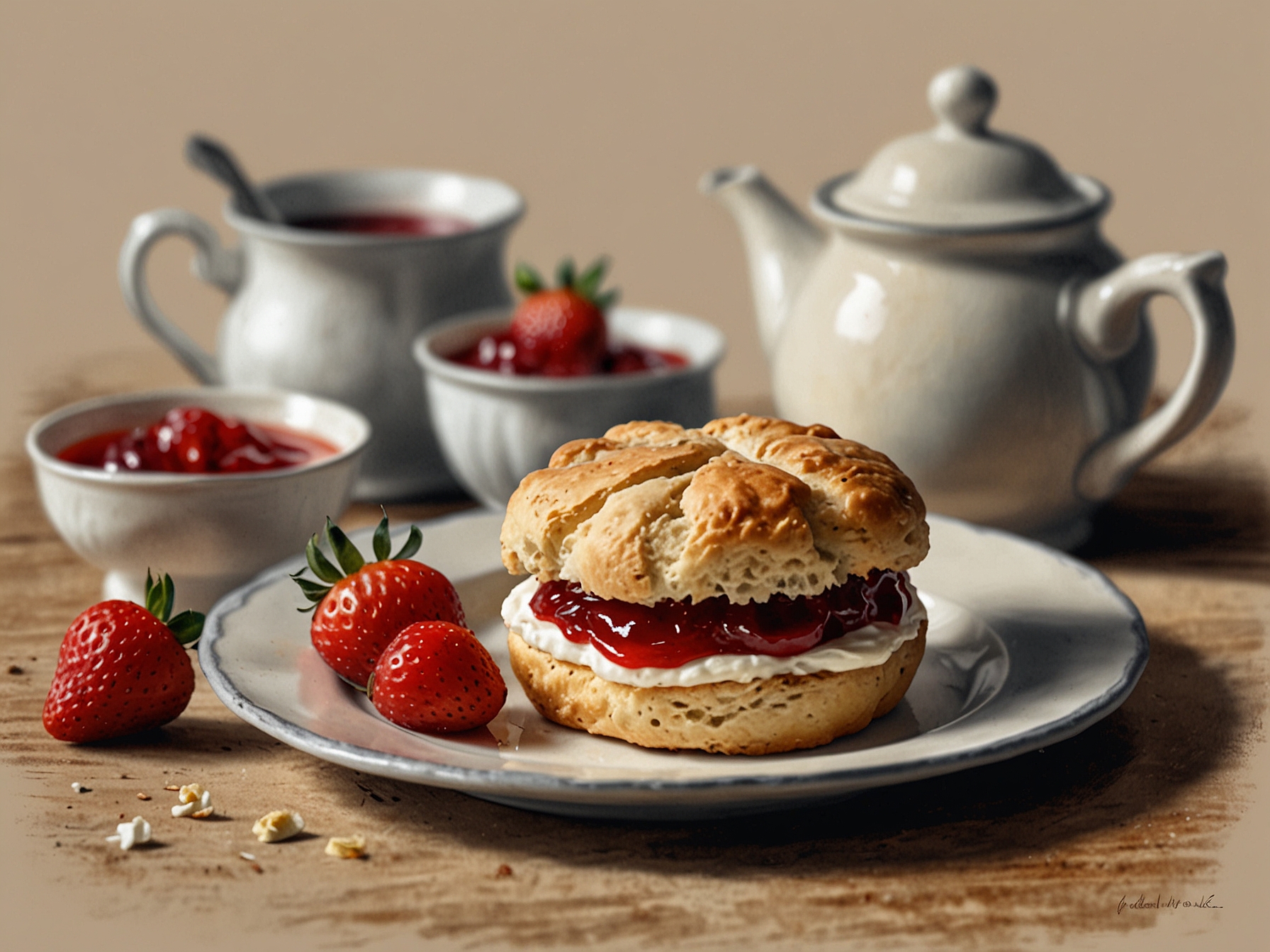 A close-up of freshly baked scones served with clotted cream and strawberry jam, representing the quintessential treat of afternoon tea.