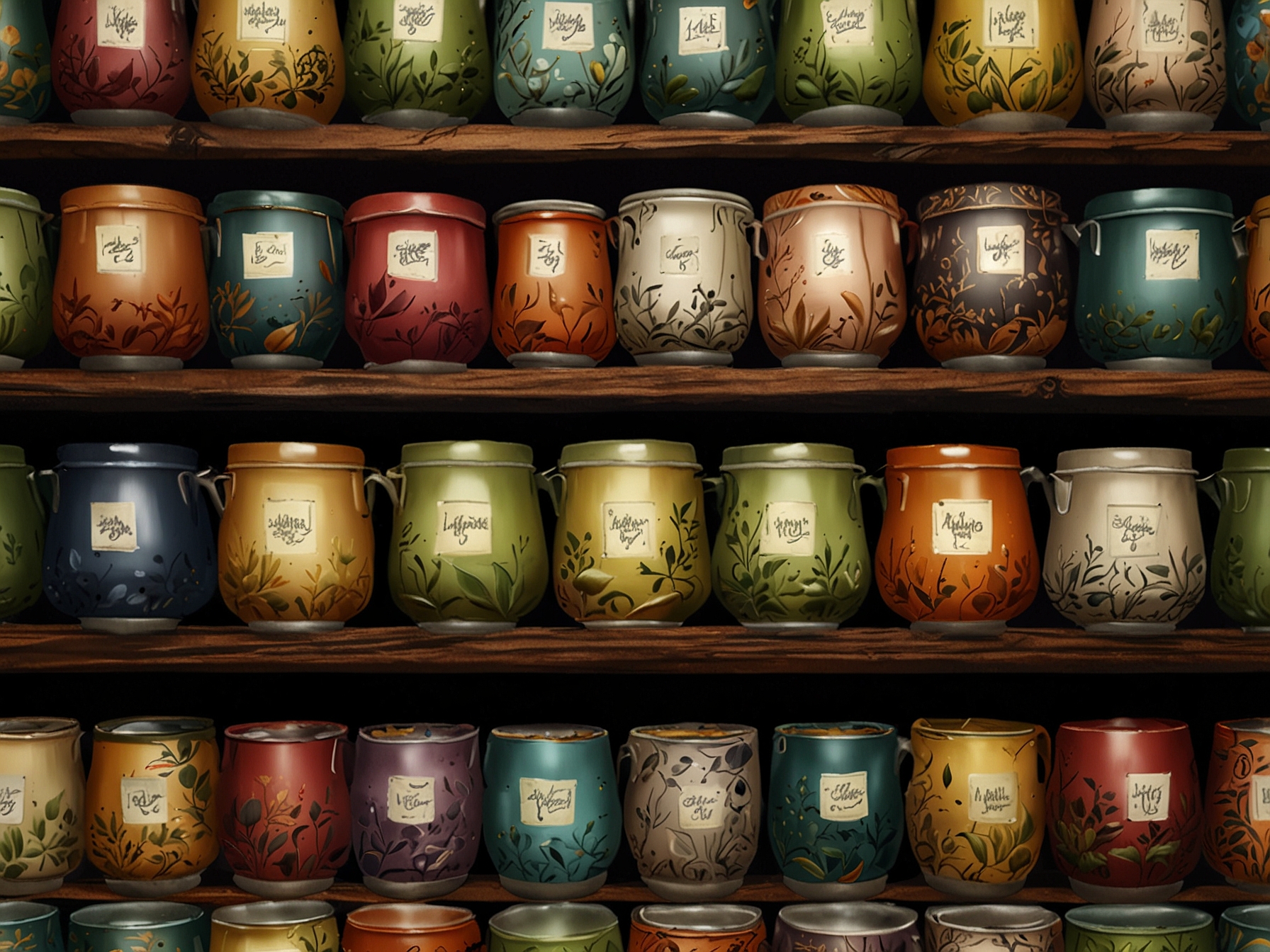 A colorful display of various tea types such as black tea, green tea, and herbal tea, showcasing the diversity and richness of flavors available for afternoon tea.