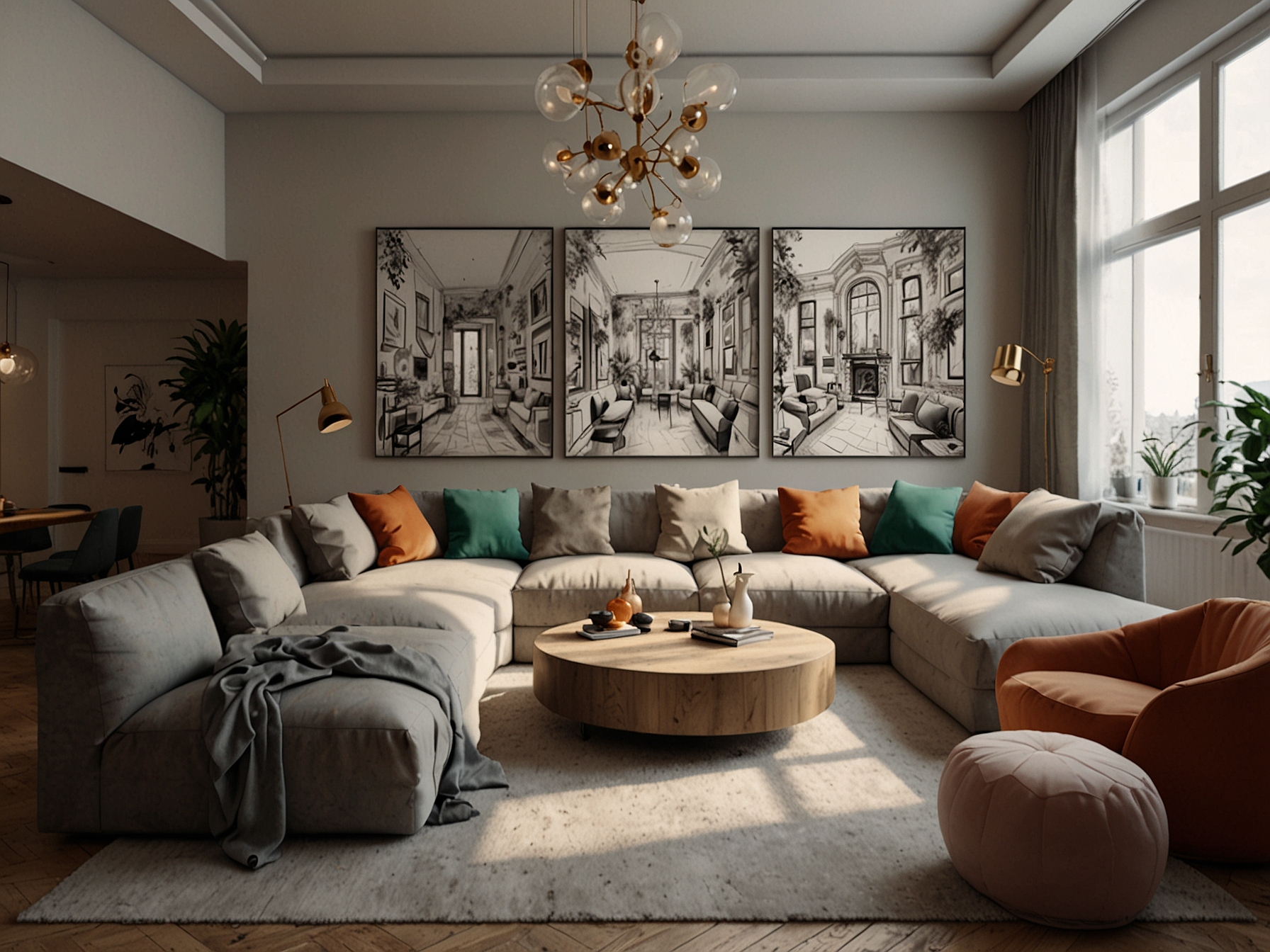 A cozy living room adorned with vibrant throw pillows and an artistic wall mural, creating a warm and inviting atmosphere for relaxation and gatherings.