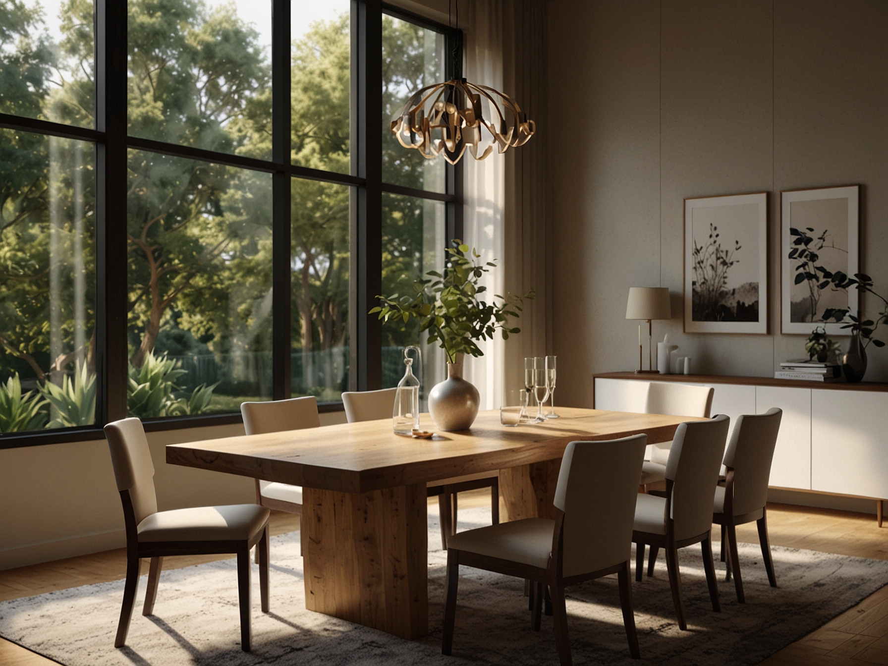 An elegant dining table set with minimalist decor, featuring natural light streaming through a window, enhancing the warmth of the space and inviting family meals.