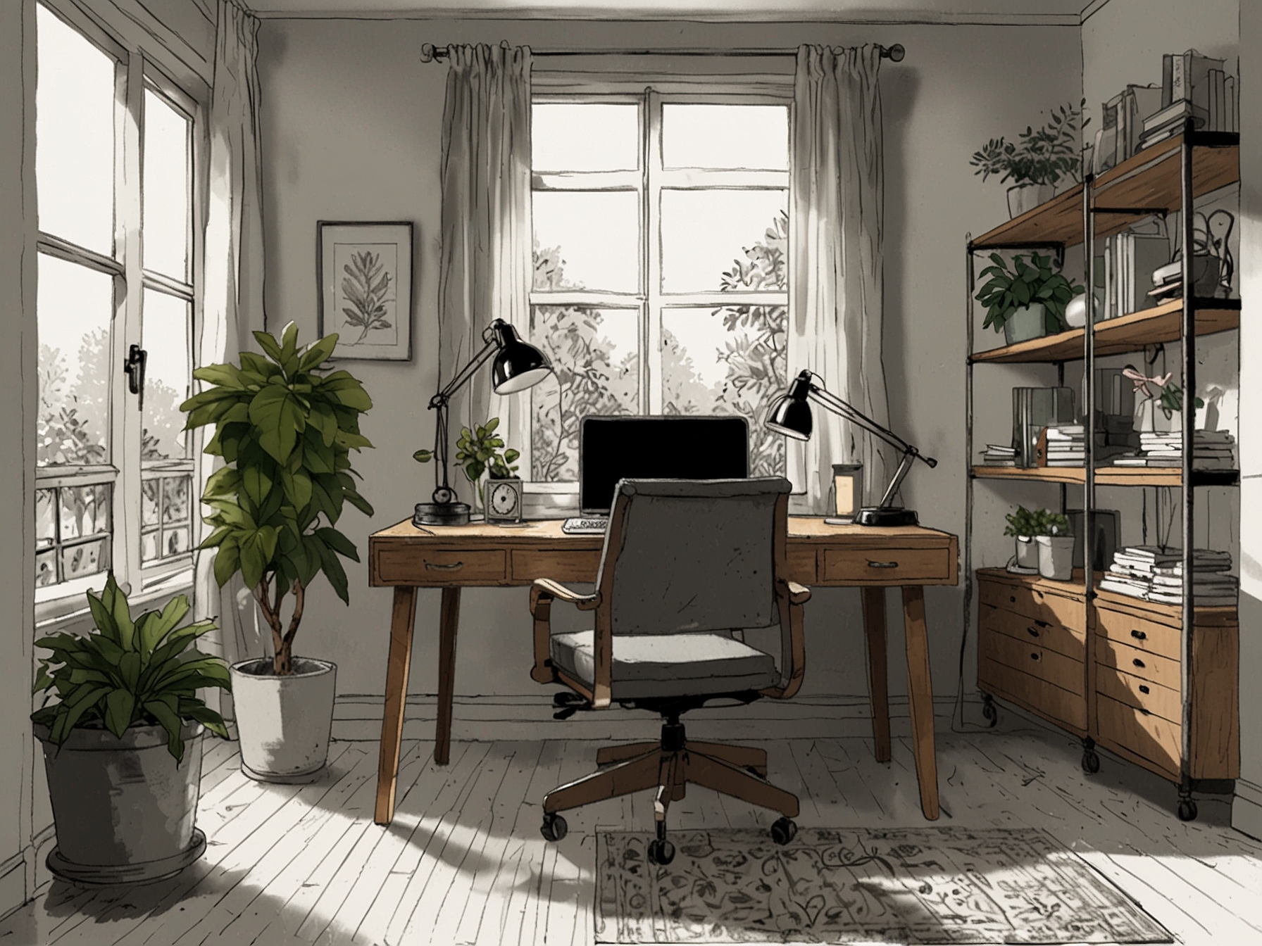 A well-organized home office with plants and stylish furniture, promoting a productive atmosphere while reflecting personal style and creativity.