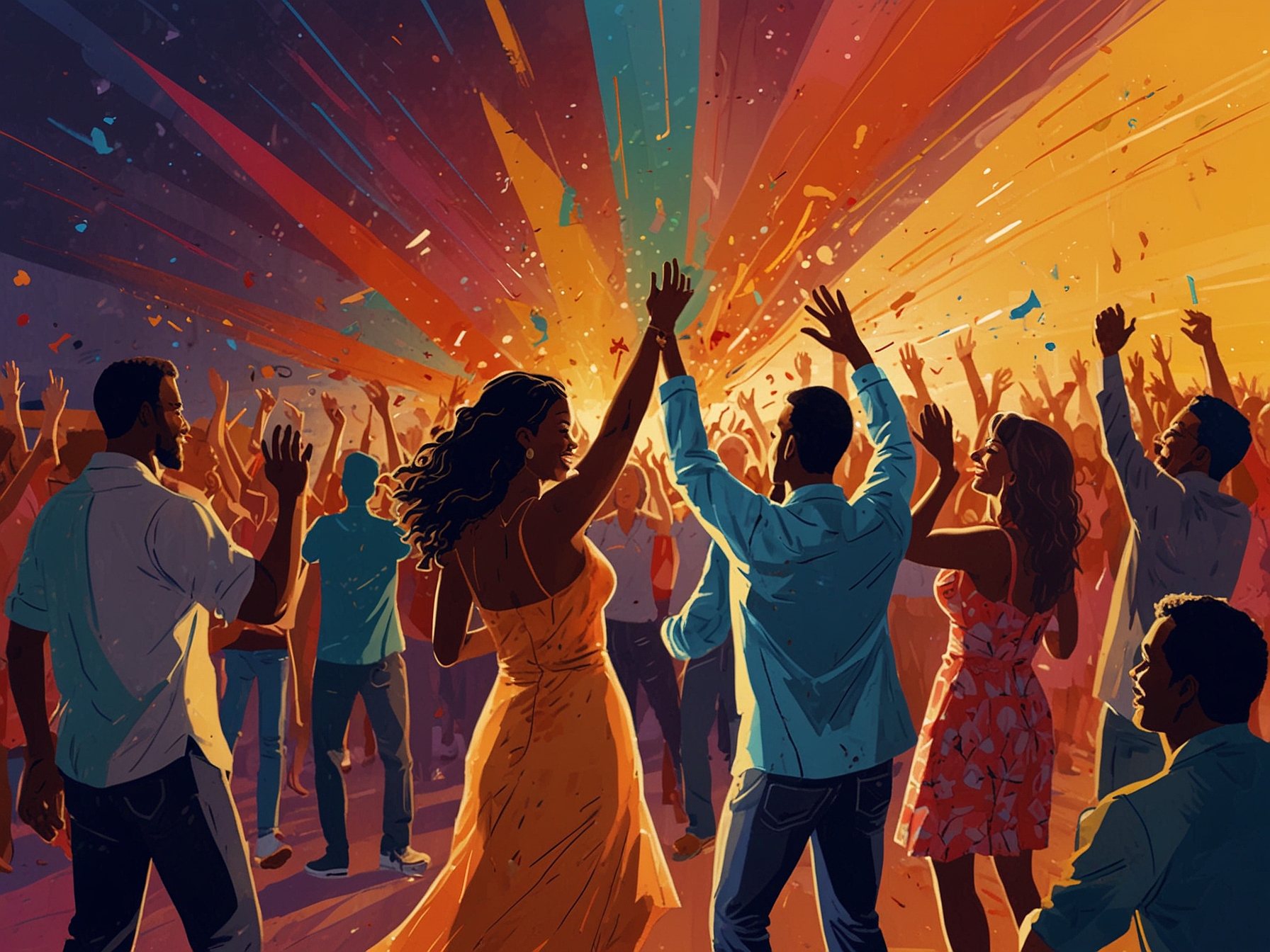 A vibrant scene of a live music concert with diverse people dancing and enjoying the melodies, showcasing the universal appeal of music that brings joy to everyone.