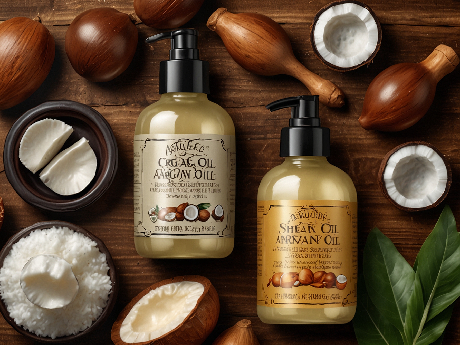 A close-up of various natural hair care products like coconut oil, argan oil, and shea butter arranged on a wooden table, perfect for nurturing and protecting hair health.