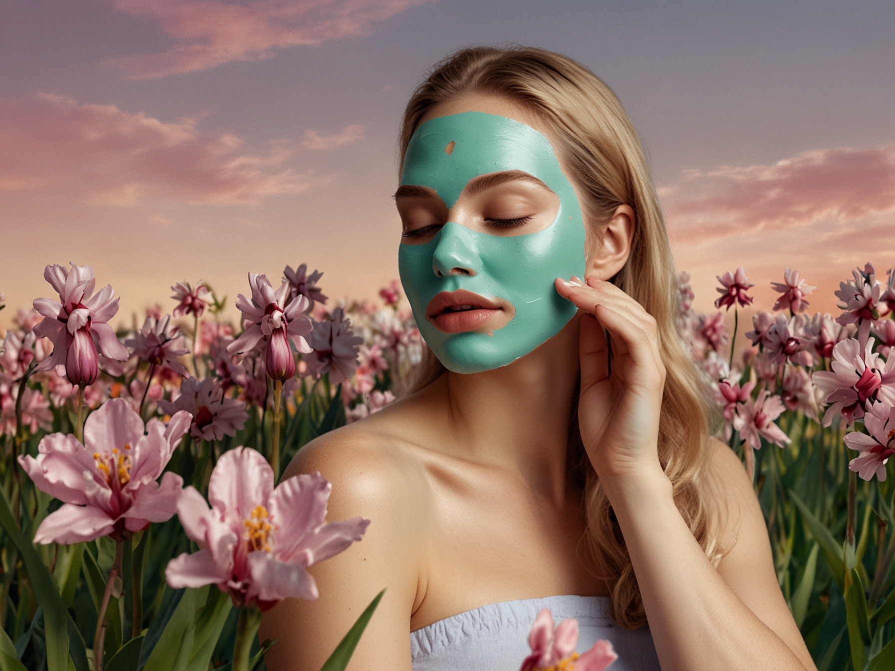 A vibrant spring scene featuring blooming flowers surrounding a woman applying a natural oatmeal face mask for fresh and radiant skin. Her light makeup complements the pastel colors of the season.