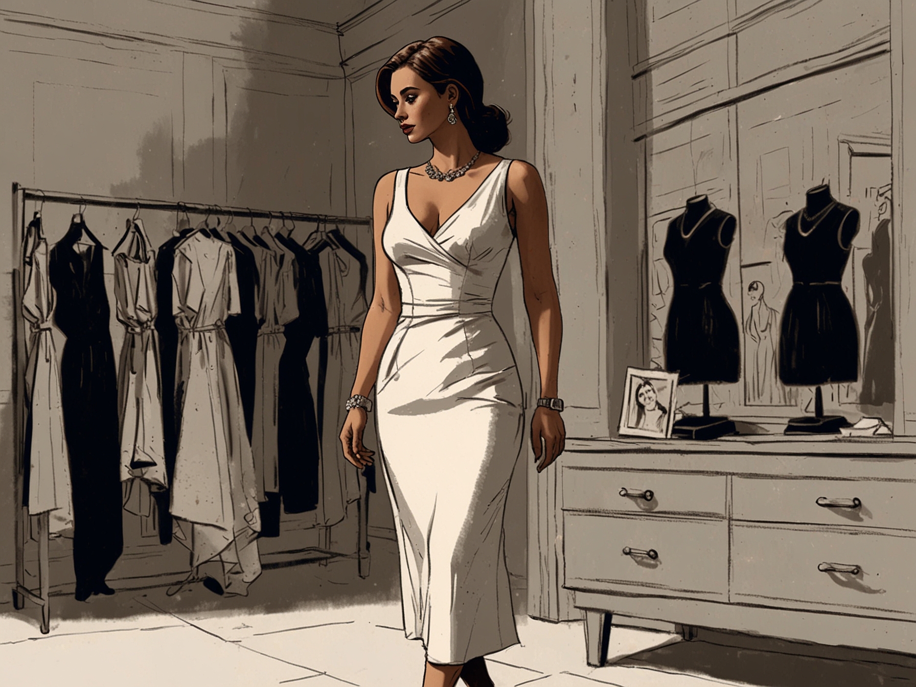 A confident woman trying on a fitted dress that accentuates her curvy figure in a well-lit boutique, showcasing the importance of choosing the right outfit for one's body shape.