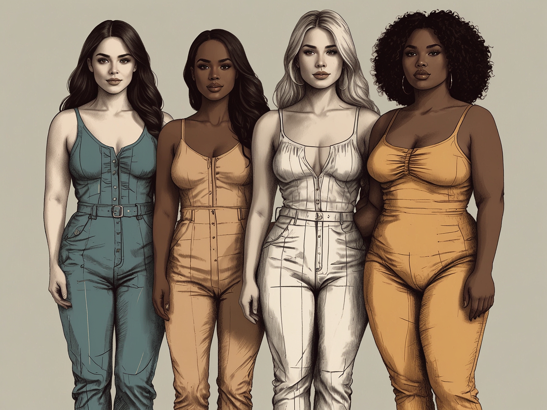 A diverse group of women with different body shapes standing together, each wearing outfits that highlight their best features, demonstrating the beauty of body diversity and style.