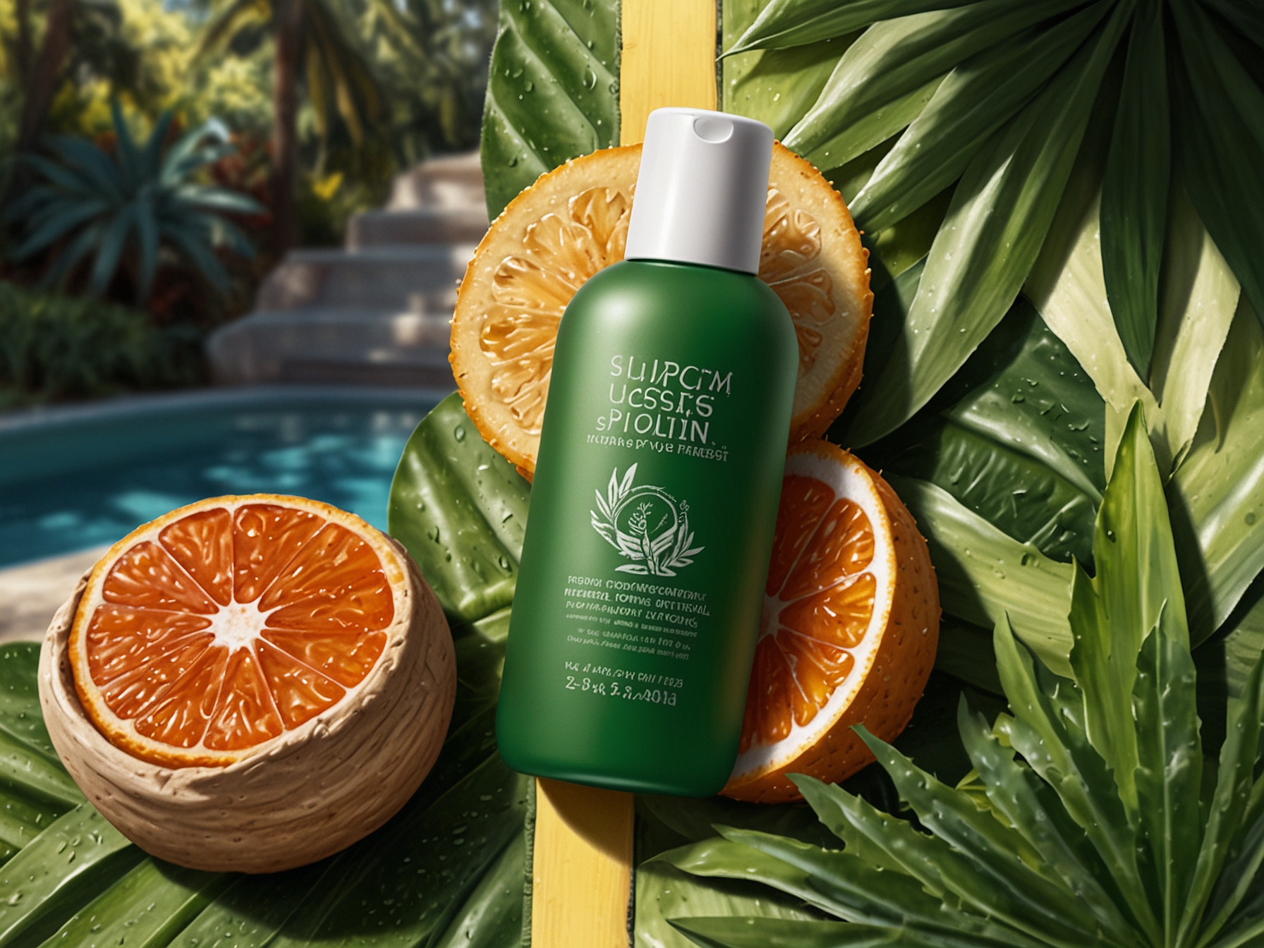 A vibrant summer scene showcasing skincare essentials like sunscreen, aloe vera gel, and hydrating products, set against a backdrop of bright sunshine and green foliage. 