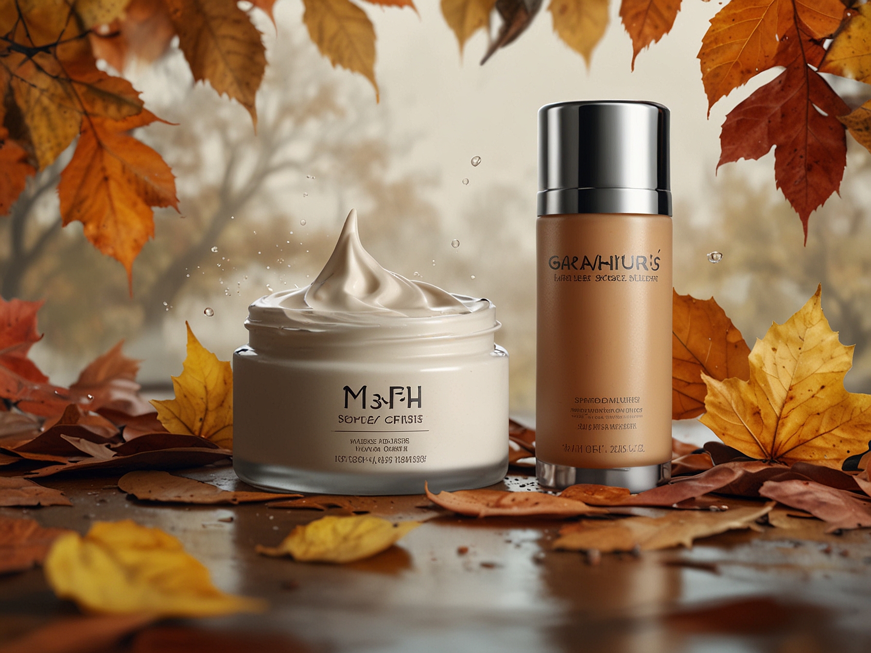 An autumn setting with warm colors, featuring moisturizing creams enriched with shea butter and hyaluronic acid, surrounded by falling leaves and cozy elements to symbolize hydration in cooler weather.