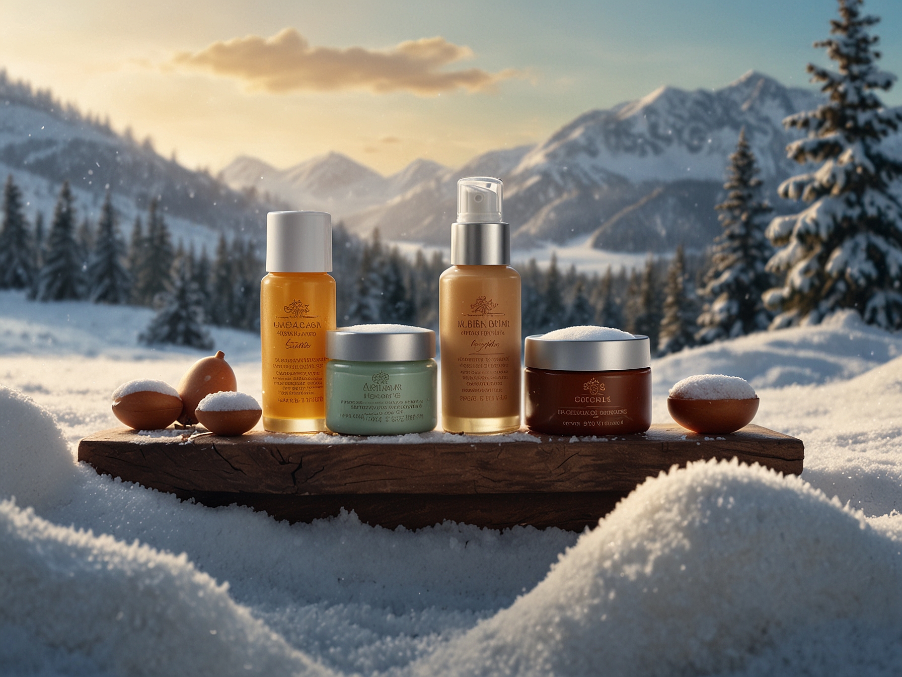 A serene winter scene, showcasing rich moisturizers such as argan oil and jojoba oil, along with nourishing lip balms, set against a snowy backdrop to highlight winter skincare essentials.