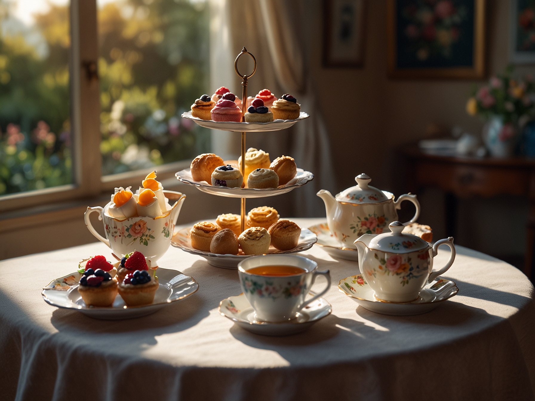 A cozy afternoon tea setting with a beautifully arranged table, featuring delicate teacups, colorful pastries, and a gentle sunlight streaming in, creating a warm ambiance.