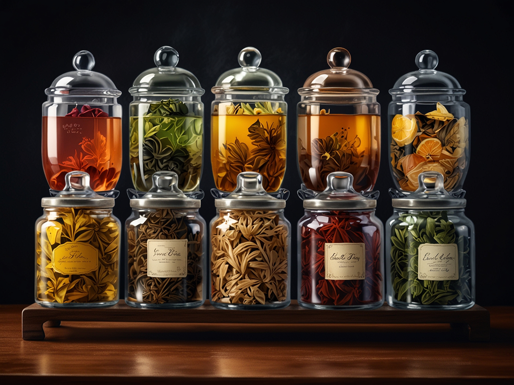 An elegant selection of various teas displayed in elegant glass jars, highlighting the diversity of flavors, from Earl Grey to Oolong, ready to be savored during afternoon tea.