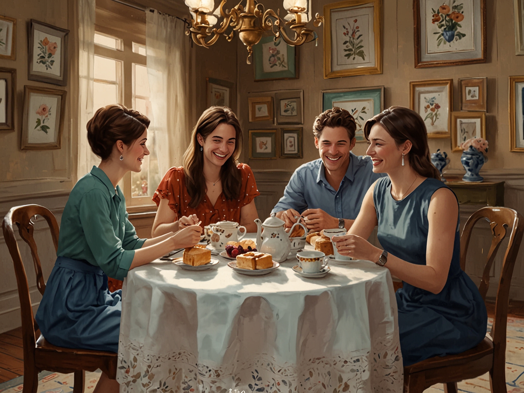 A charming scene of friends gathered around a table, enjoying afternoon tea together, laughter and warmth filling the air as they share stories and delicious treats.