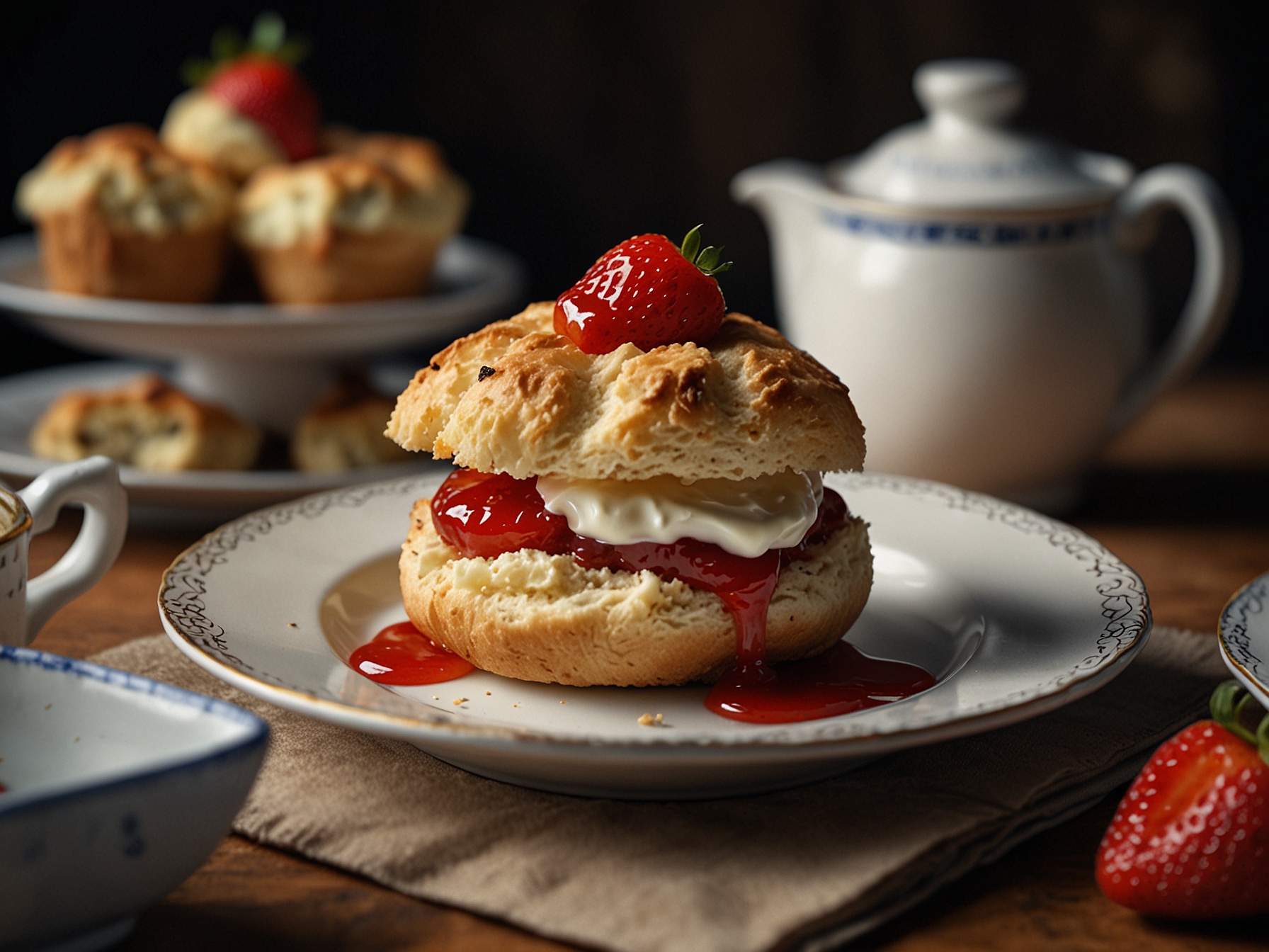 A close-up shot of freshly baked scones spread with clotted cream and strawberry jam, showcasing the delightful treats that accompany a traditional afternoon tea experience.