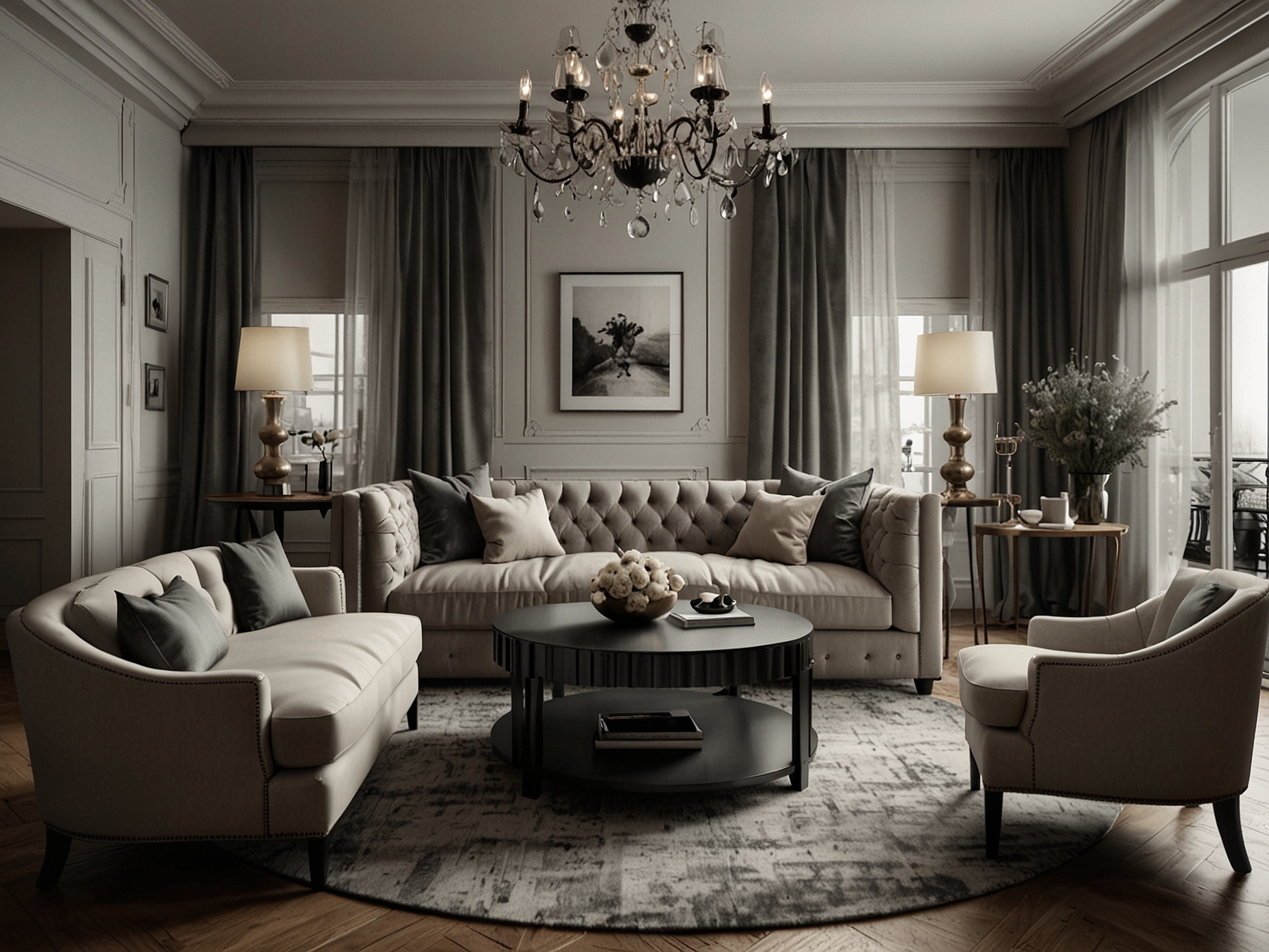 An elegantly decorated living room featuring a mix of classic and modern furniture, emphasizing the contrast between a sleek round table and a large sofa, creating an inviting atmosphere.