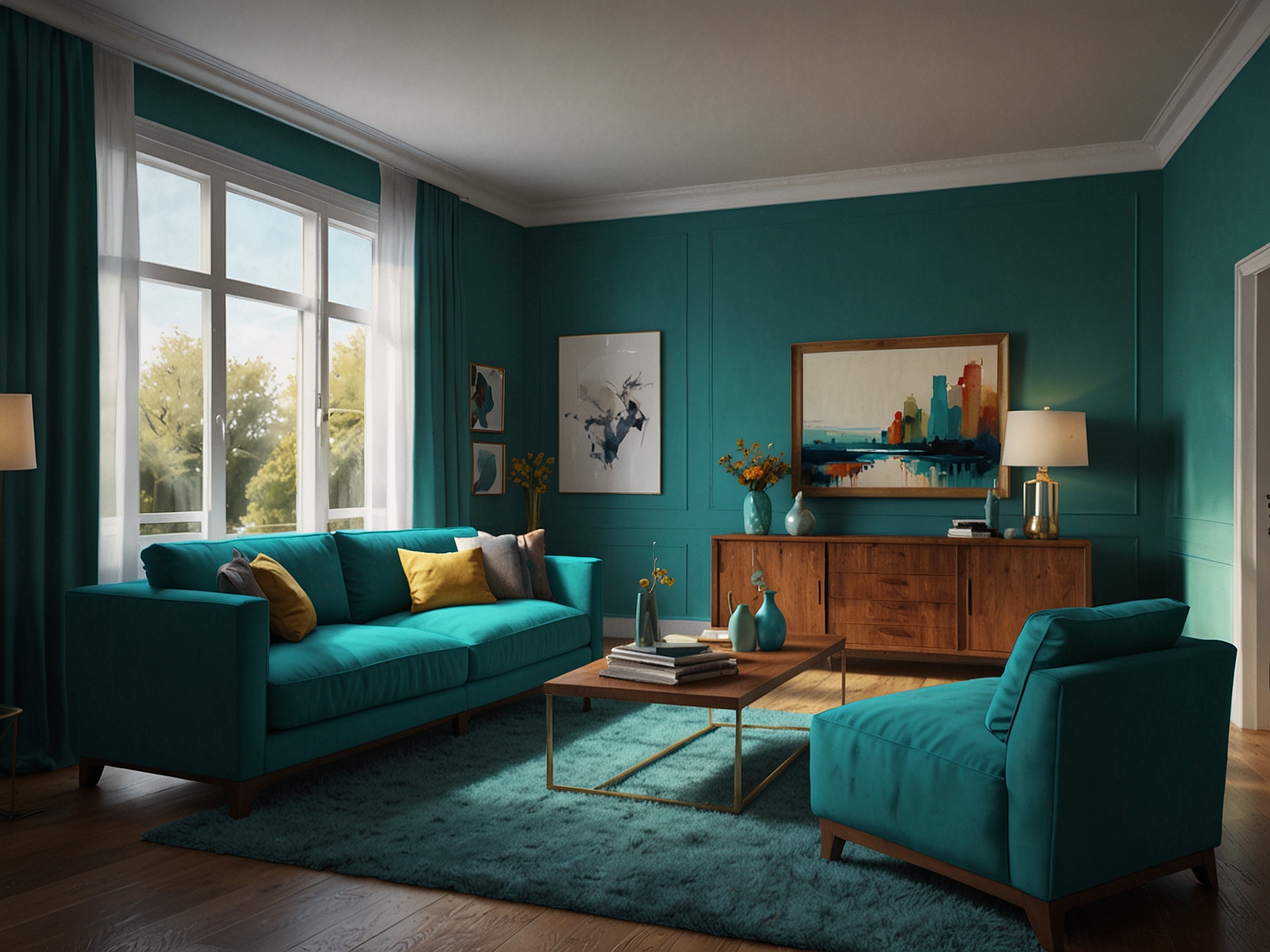 A vibrant wall painted in turquoise serves as a focal point in a cozy living room, showcasing how color can transform a space and evoke emotions.