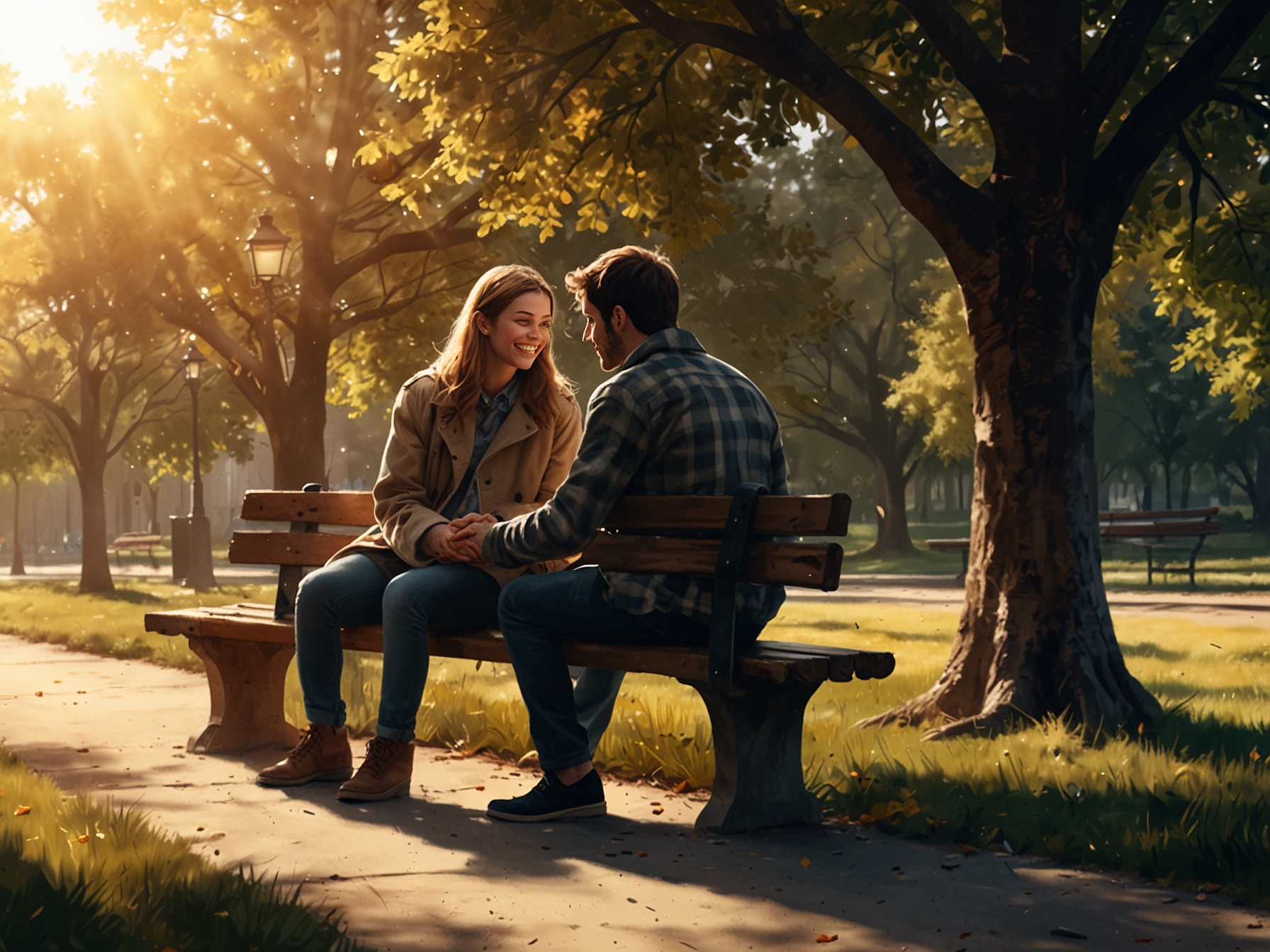 A cozy scene of two friends sitting on a park bench, sharing their feelings, with warm sunlight filtering through the trees, symbolizing the comfort of open communication.