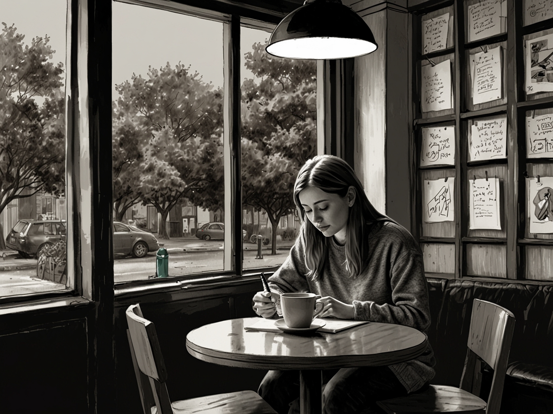 An intimate coffee shop setting where a person is writing in a journal, reflecting on their thoughts and feelings, highlighting the therapeutic aspect of sharing sorrows and joys through writing.