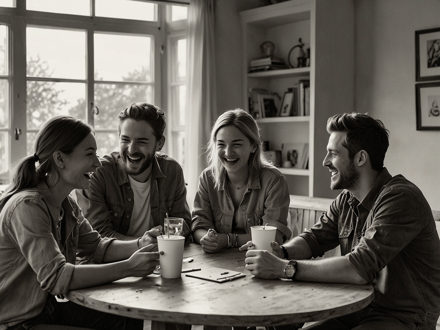 A group of friends gathered around a table, animatedly discussing and laughing together, depicting the joy and strength that comes from shared experiences.