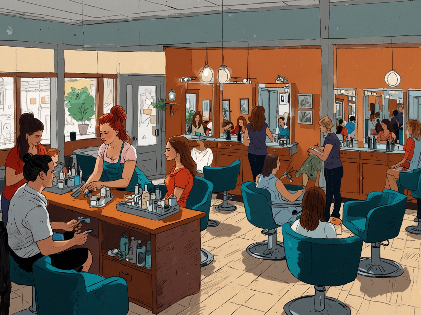 An aerial shot of a vibrant salon filled with people getting their hair done. This illustrates how hair care and styling are becoming integral parts of modern life and self-expression.