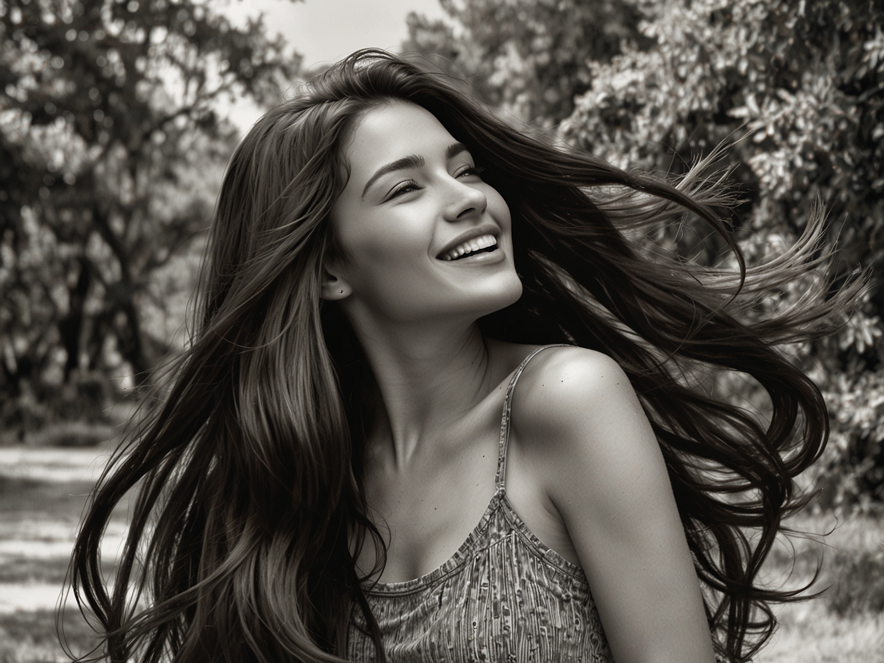 A close-up of a person joyfully flipping their healthy, shiny hair against a backdrop of nature. This visually represents happiness and confidence that come with great hair care.