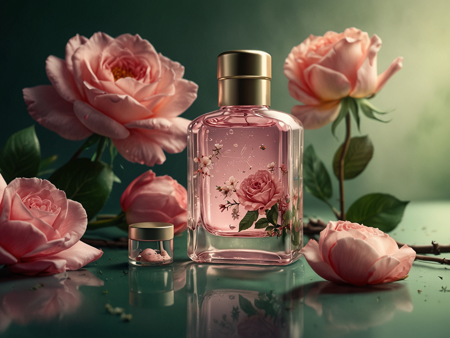 An image showcasing a spring scene with blooming flowers and a beauty product arrangement including rose water and green tea essence, symbolizing freshness and renewal.