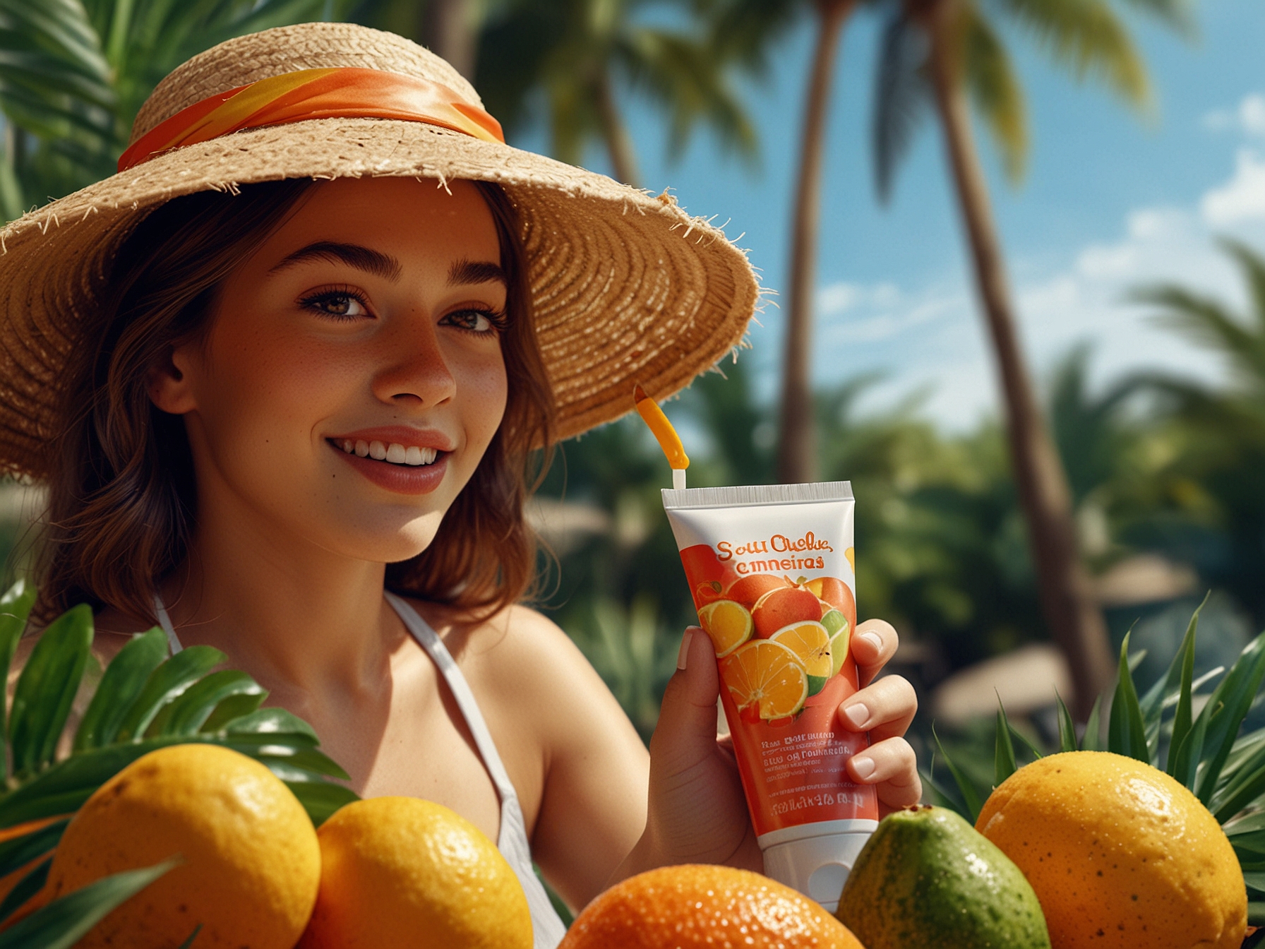 A vibrant summer scene with a girl applying sunscreen in a sunny outdoor location, surrounded by tropical fruits, representing the fun and challenges of summer skincare.