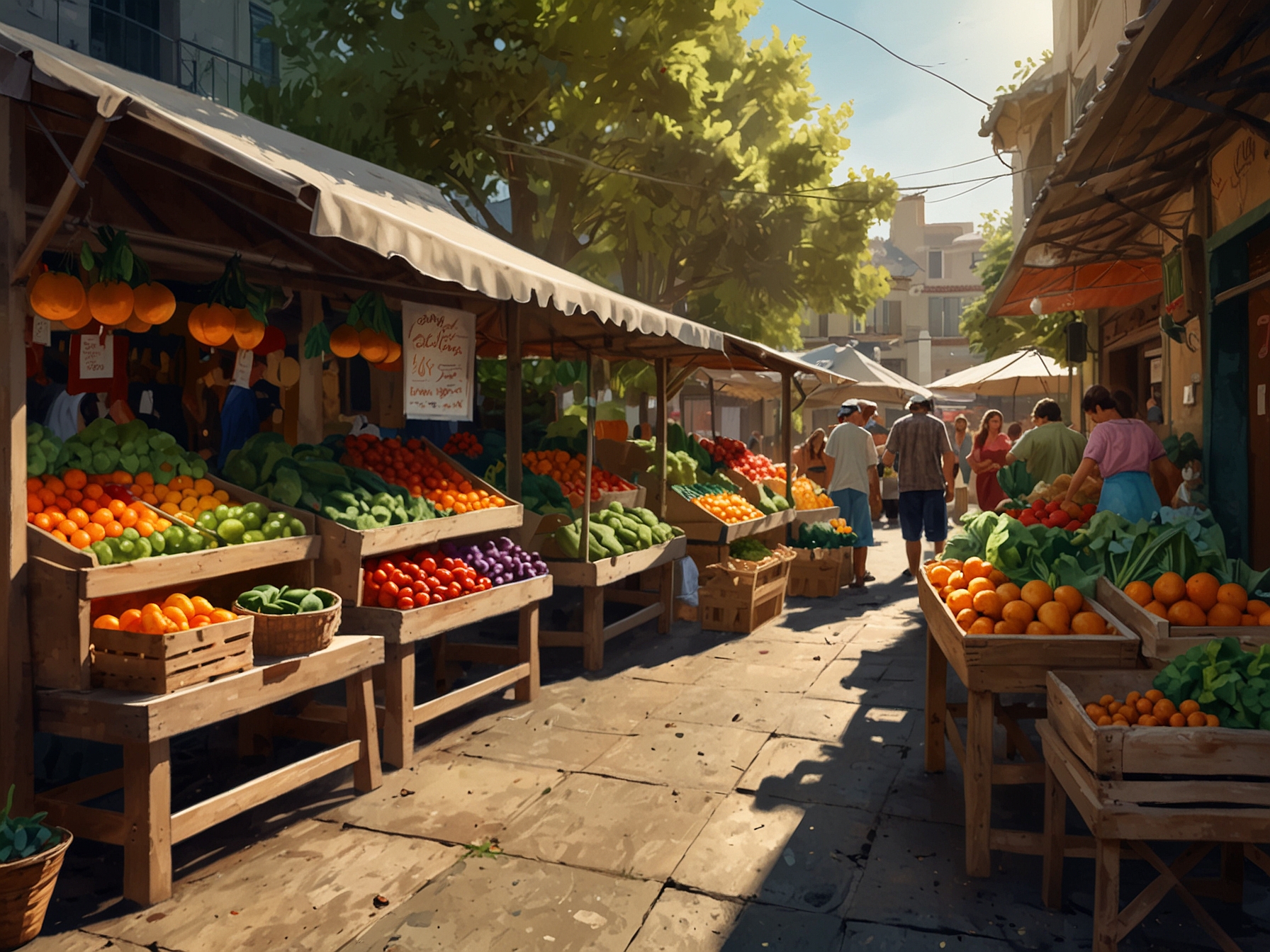 A vibrant outdoor market showcasing fresh fruits and vegetables, illustrating the joy of local culinary exploration and the excitement of choosing ingredients for a delightful meal.