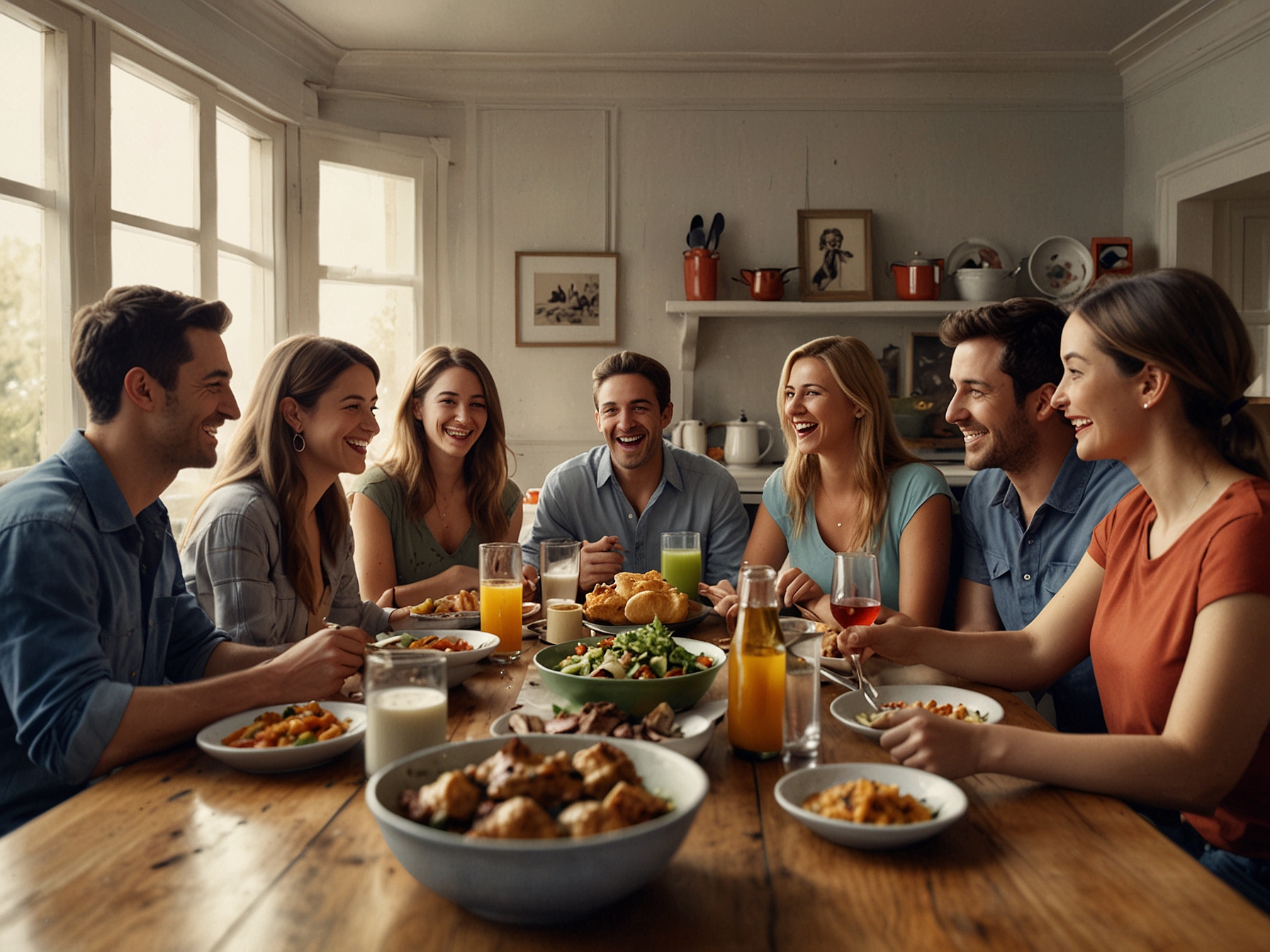 Friends gathered around a dining table filled with a variety of dishes, laughing and sharing stories, capturing the essence of togetherness and the joy of communal meals.