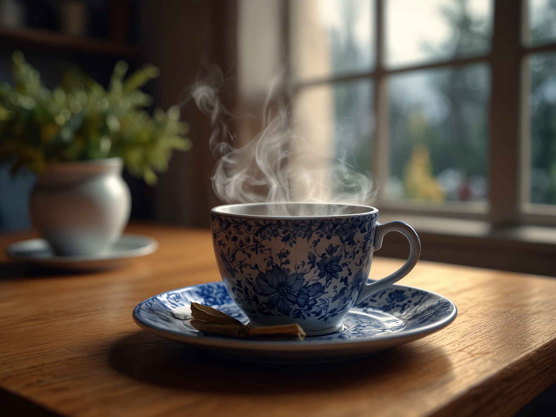 A steaming cup of herbal tea placed on a cozy table setting, representing the comforting moments of relaxation and warmth that come with enjoying a favorite beverage on a chilly day.