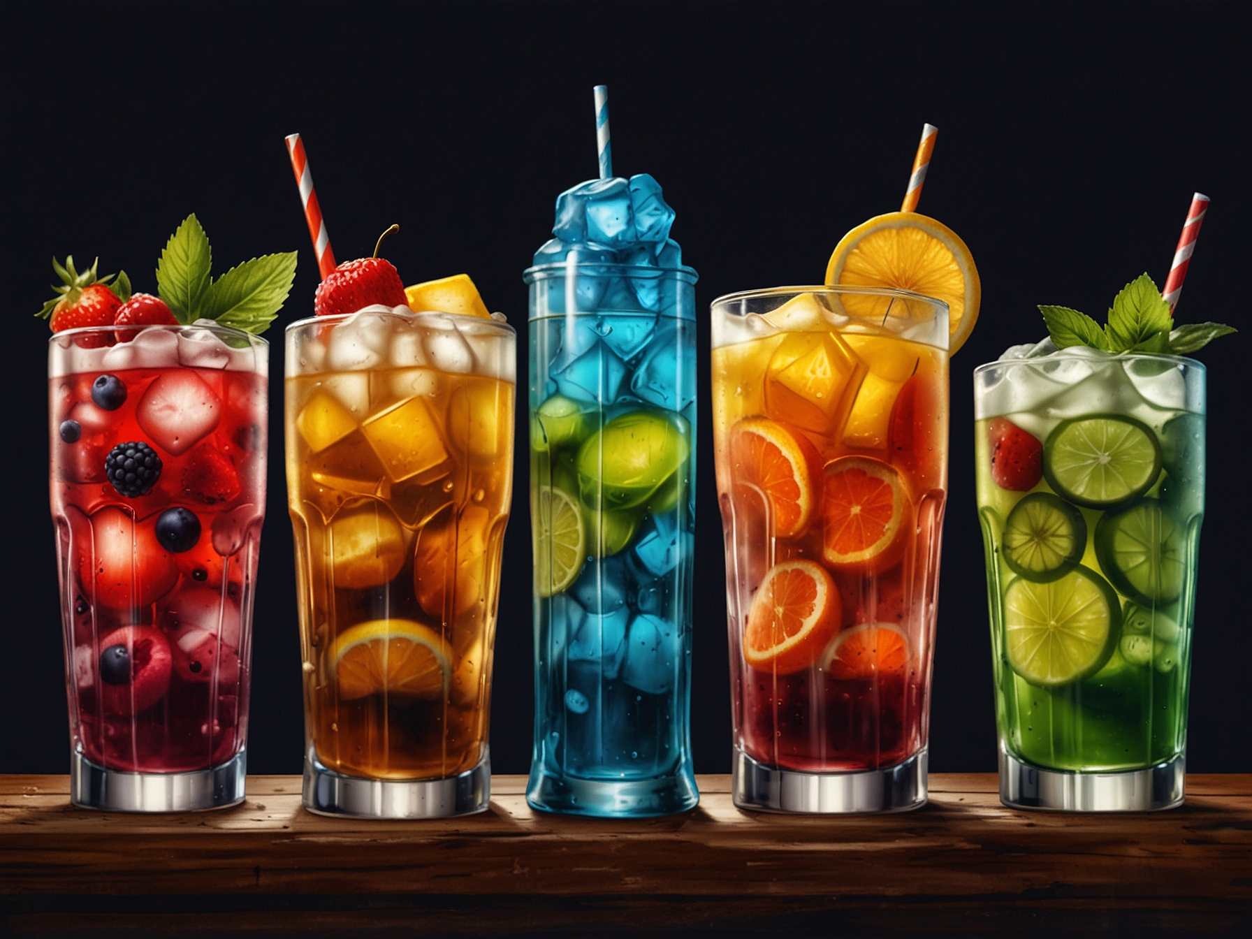 A colorful array of refreshing drinks lined up for a summer gathering, embodying the celebration of flavors and the pleasures of indulging in delightful refreshments with loved ones.