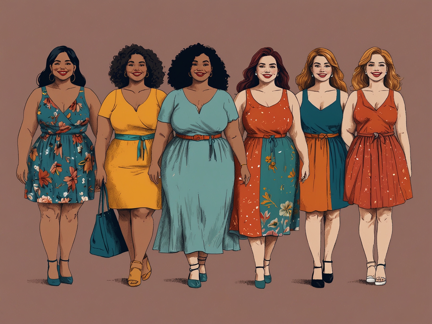 A group of diverse women of different body types and sizes, smiling and celebrating their individual beauty, dressed in vibrant, colorful outfits that reflect their personalities.