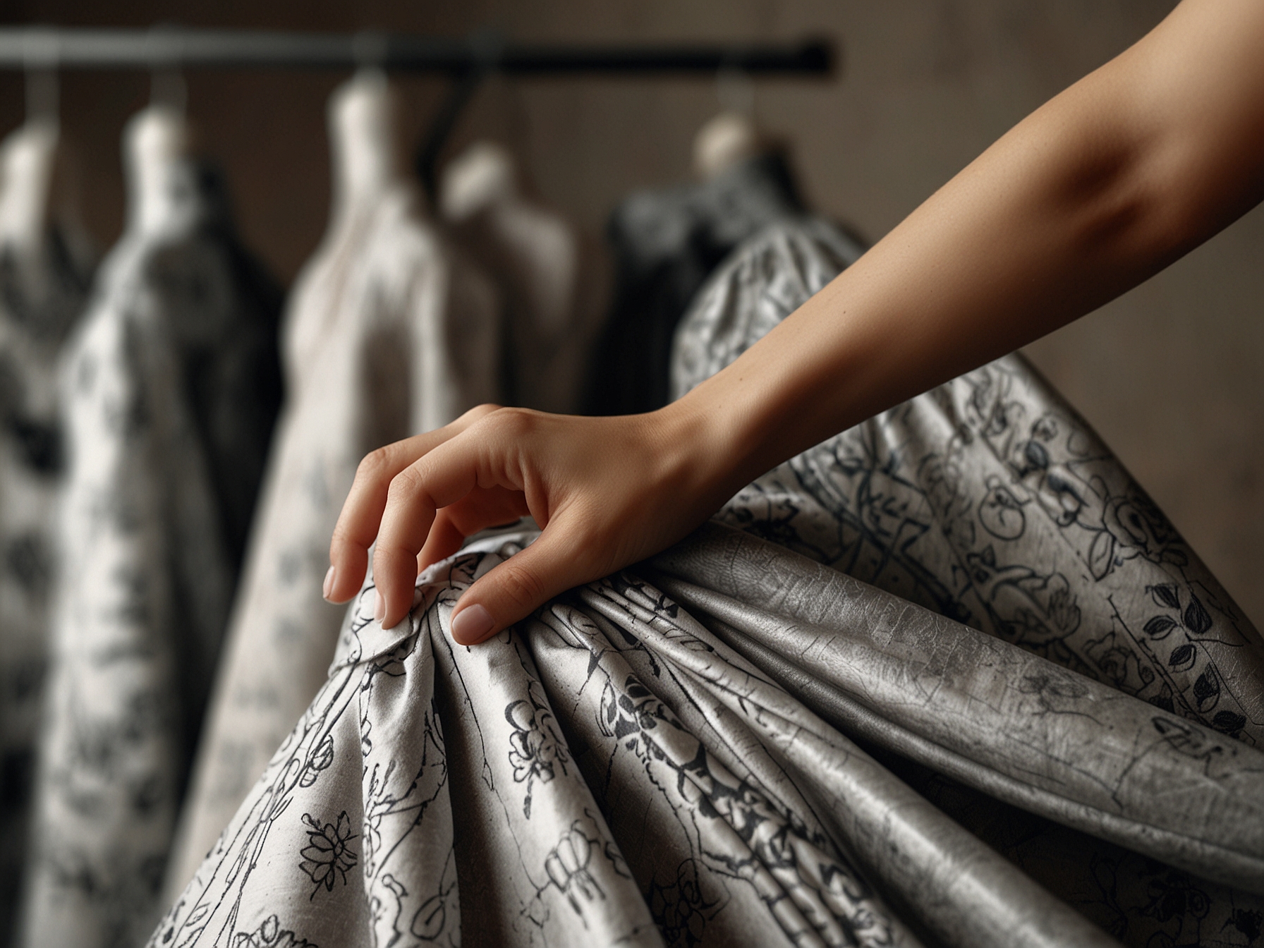 A close-up of a person’s hands selecting a dress from a boutique, illustrating the process of finding the perfect clothing that enhances their unique figure and self-expression.