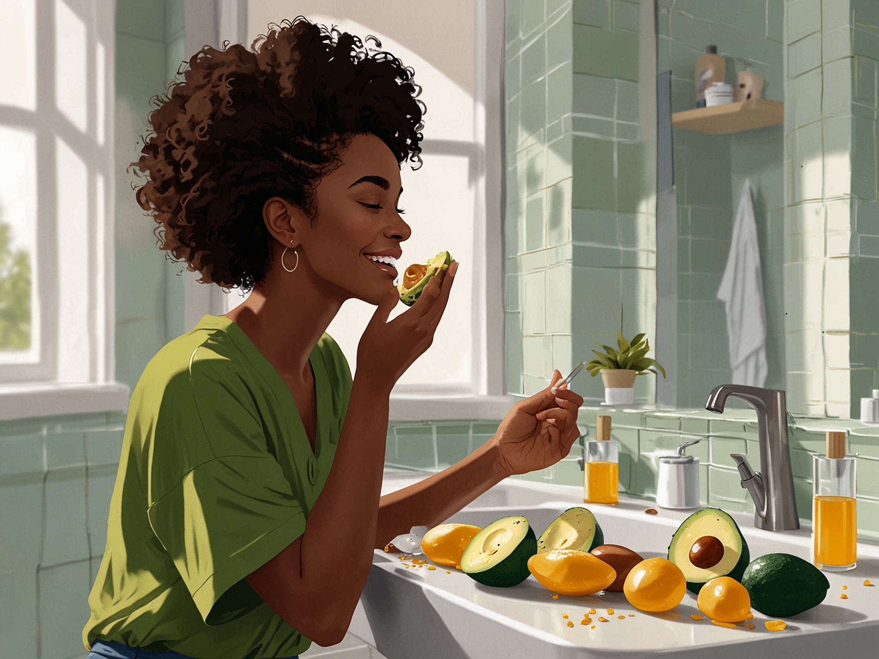 A woman applying a natural hair mask made from honey, avocado, and eggs, smiling while enjoying the process in a bright bathroom. The ingredients are beautifully arranged on the countertop.