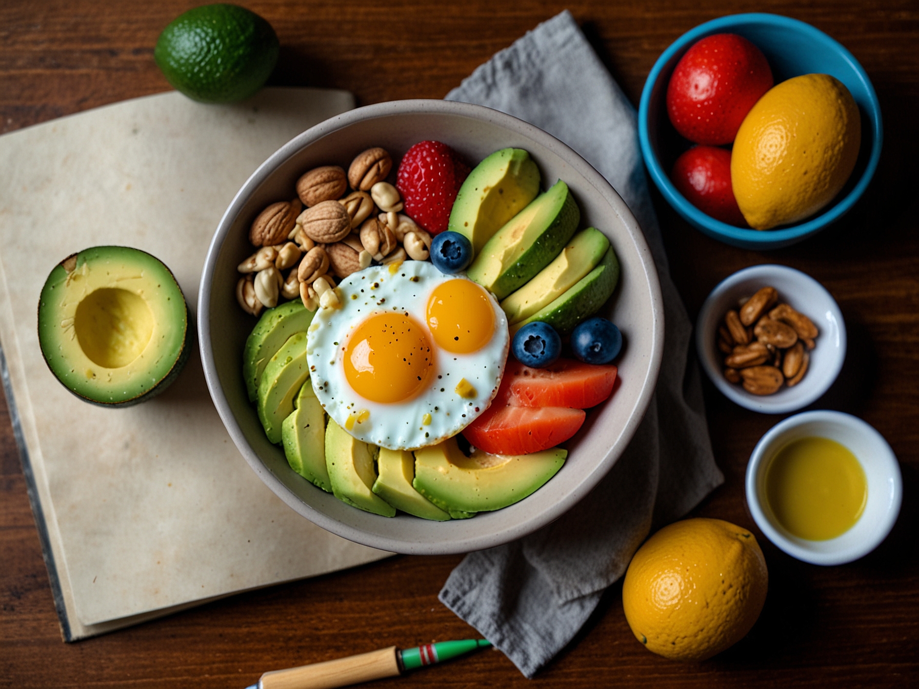 An overhead shot of a healthy breakfast bowl filled with avocado, eggs, and nuts, emphasizing the importance of nutrition for healthy hair. Fresh fruits and colorful ingredients make it visually appealing.