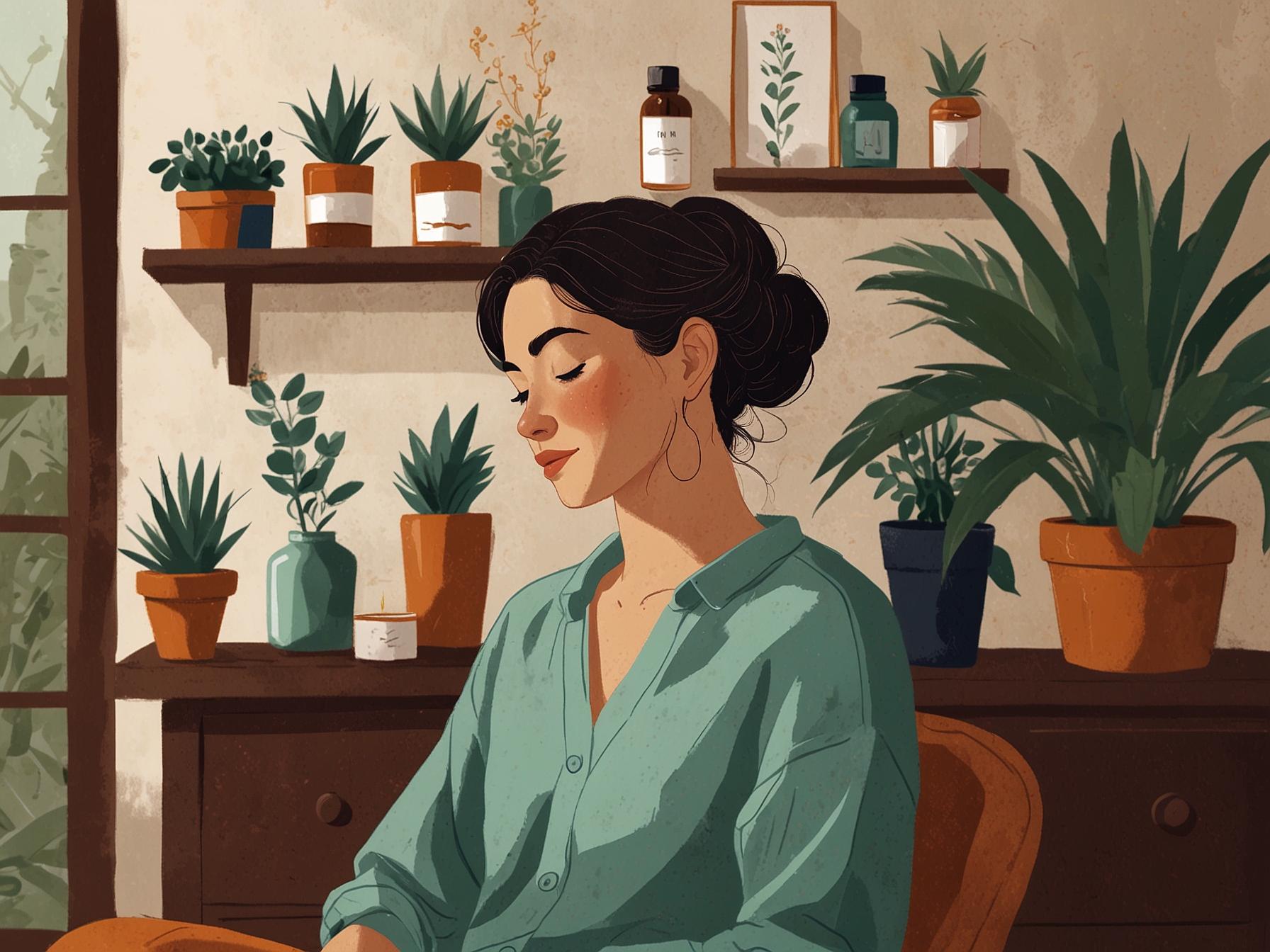 A relaxing scene of a person gently massaging their scalp with essential oils in a cozy living room, surrounded by natural elements like plants and soft lighting, showcasing the importance of hair care rituals.