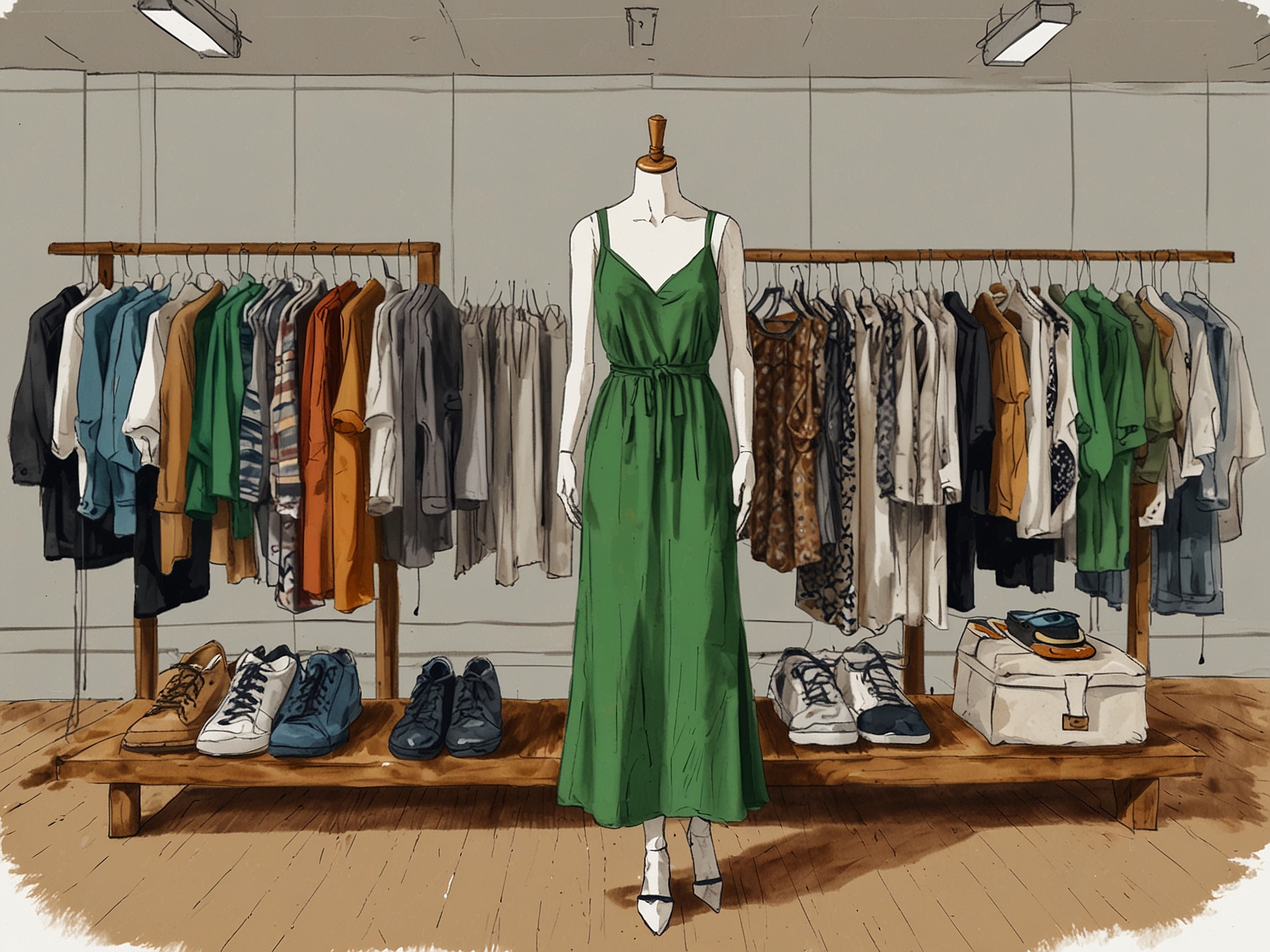 An eco-friendly fashion setup displaying sustainable clothing options, emphasizing the shift towards responsible shopping and environmental consciousness in the fashion industry.