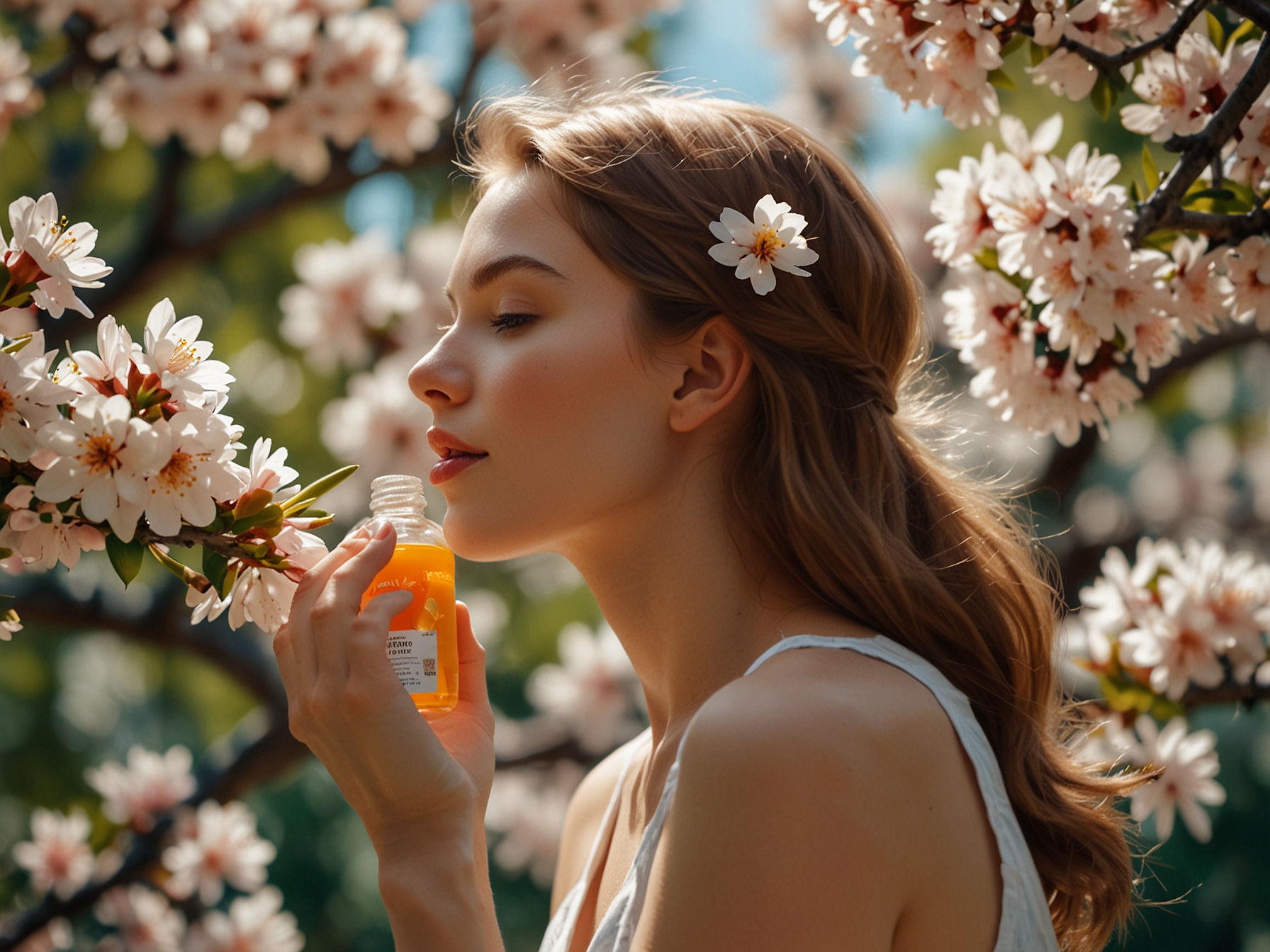 A vibrant spring scene showcasing a woman enjoying the fresh blossoms, applying Vitamin C enriched moisturizer, symbolizing the beauty rituals of the season.